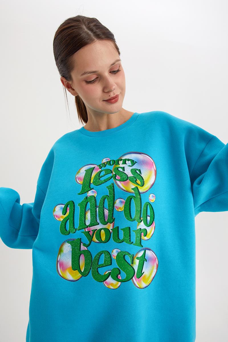 Baloncuk Baskılı Oversize Şardonlu Sweatshirt