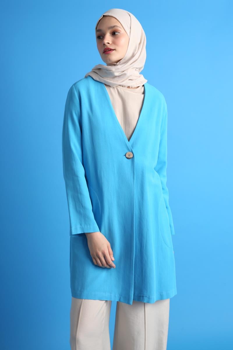 Single Button V-Neck Pocket Linen Slit Jacket
