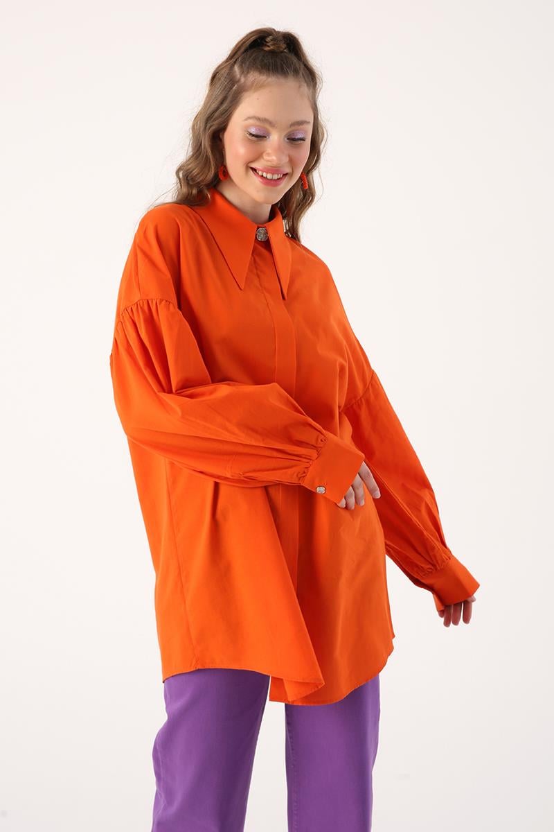 Oversize Sivri Yaka Pamuklu Gömlek Tunik