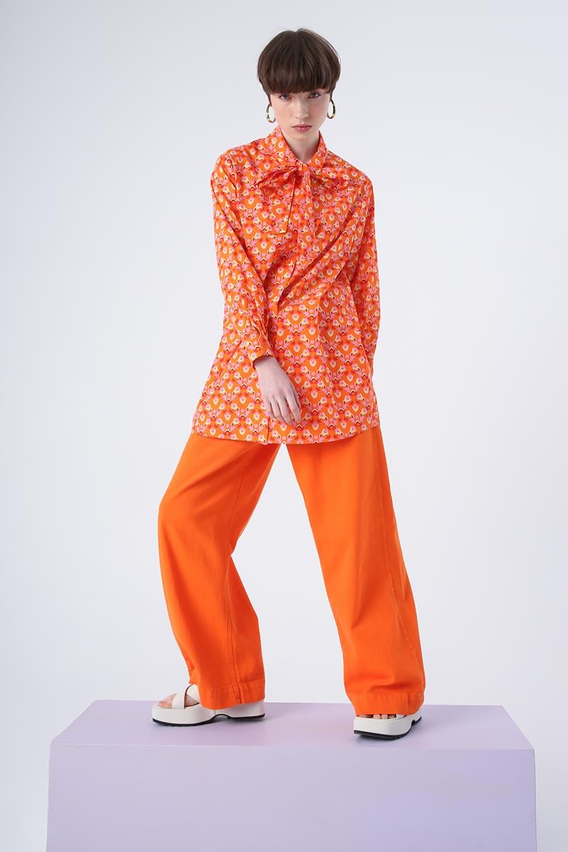 Turuncu-Pembe-%100 Pamuk Fular Yaka Emprime Desenli Gömlek Tunik