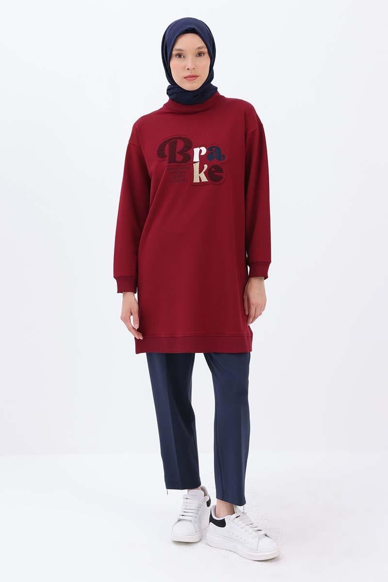 Vişne-APLİKE NAKIŞLI SWEAT TUNİK