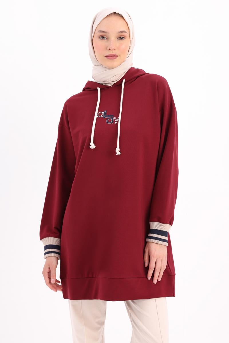 Kapüşonlu Yakası Nakışlı  Sweat Tunik