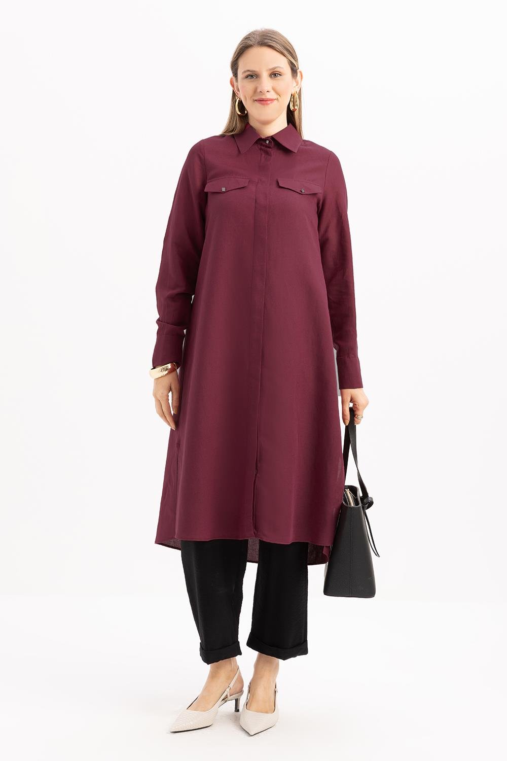 Vişne-Yırtmaçlı Uzun Keten Gömlek Tunik