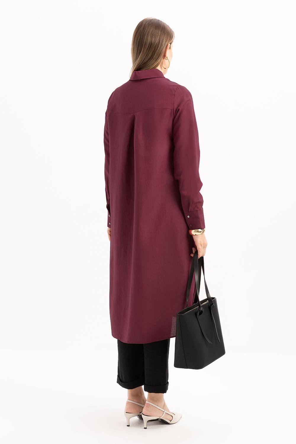 Vişne-Yırtmaçlı Uzun Keten Gömlek Tunik