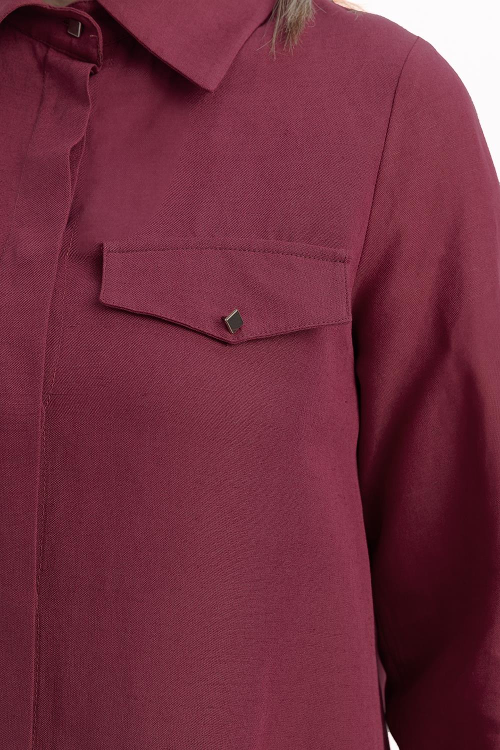 Vişne-Yırtmaçlı Uzun Keten Gömlek Tunik