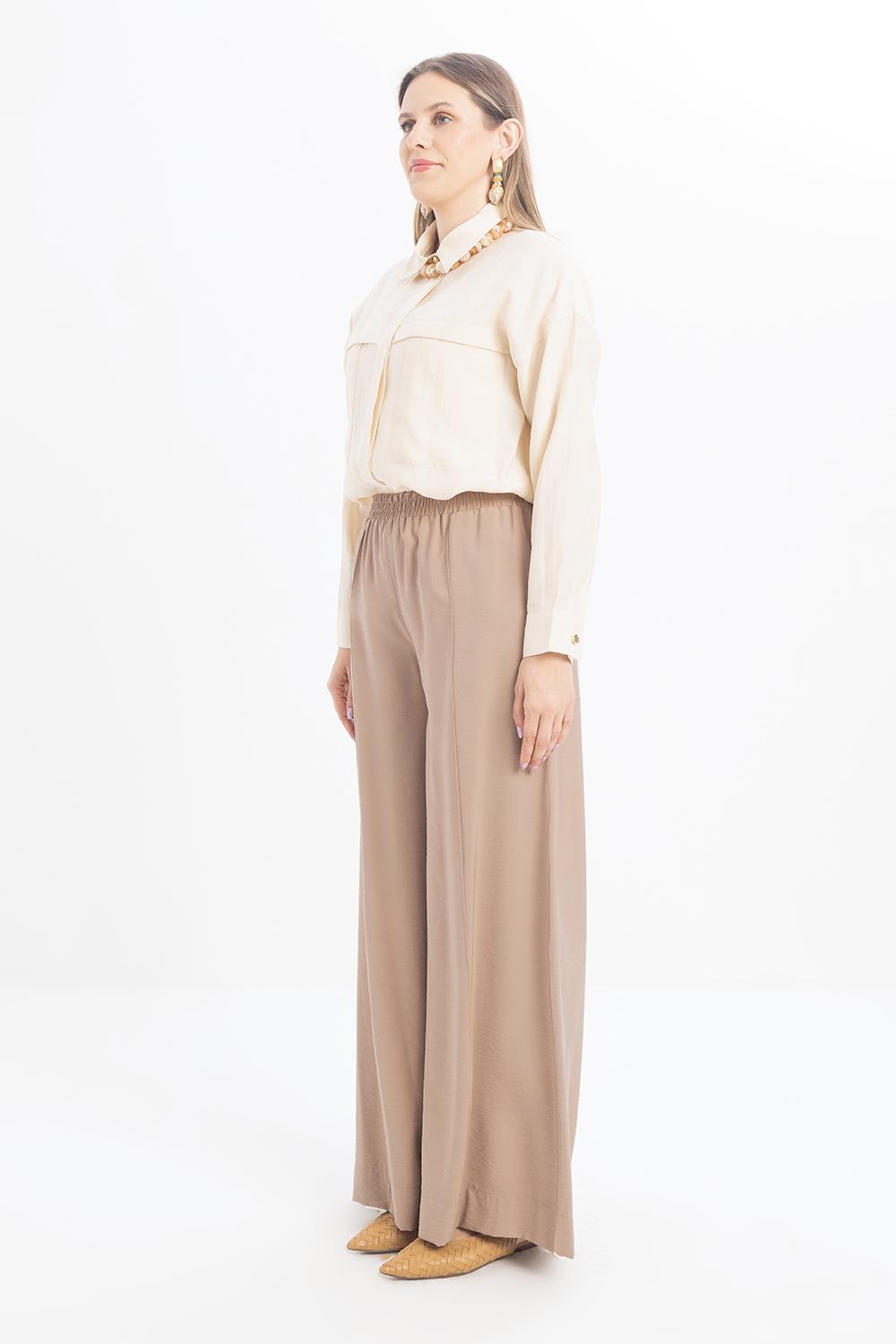 Vizon-Beli Lastikli Geniş Paça Pantolon