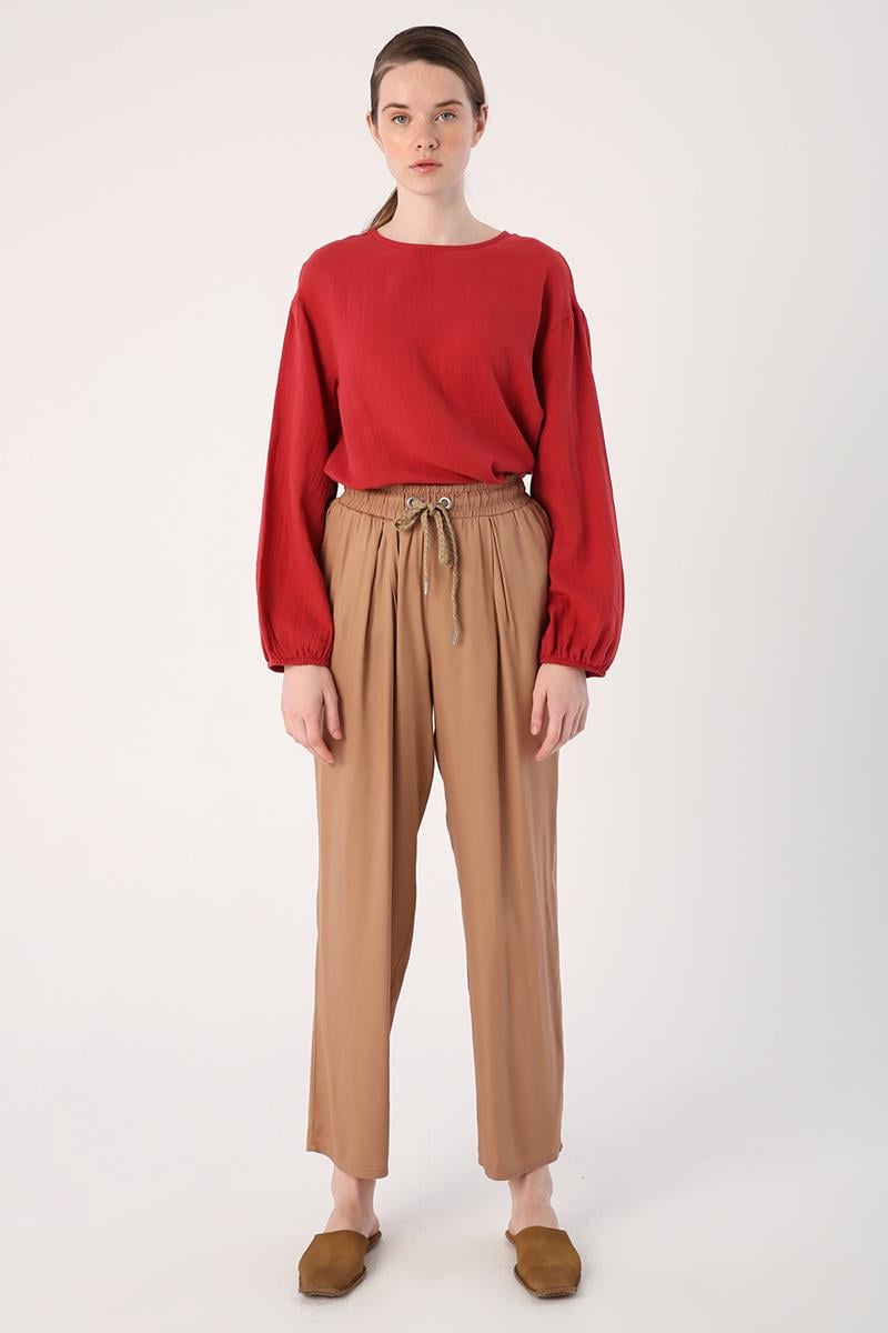 Vizon-Beli Lastikli Geniş Paça Pantolon