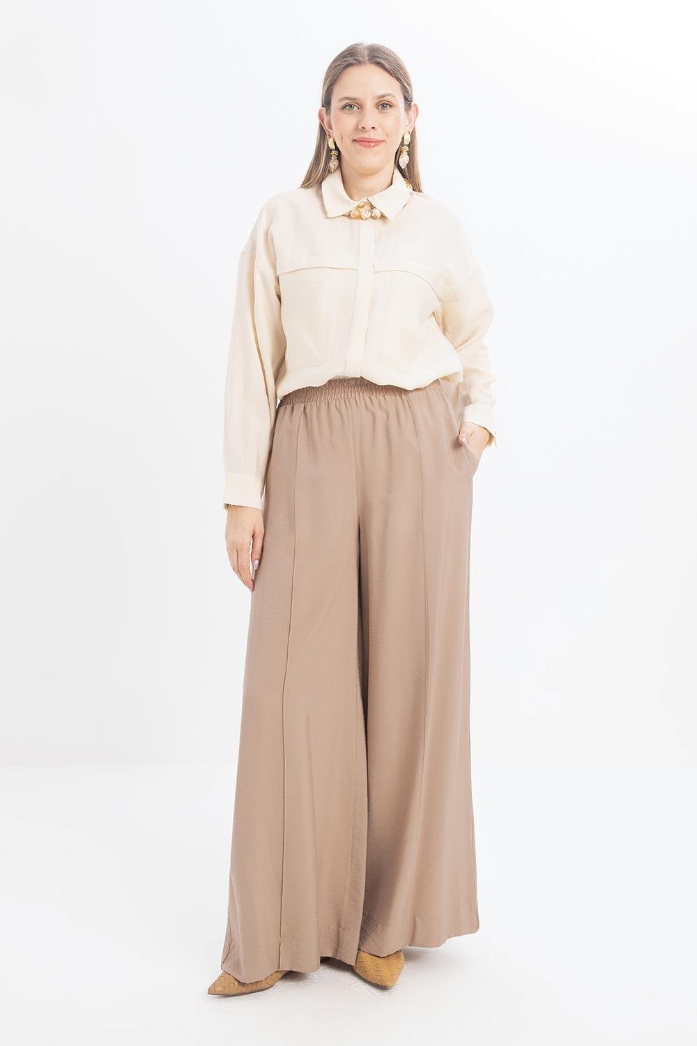 Vizon-Beli Lastikli Geniş Paça Pantolon