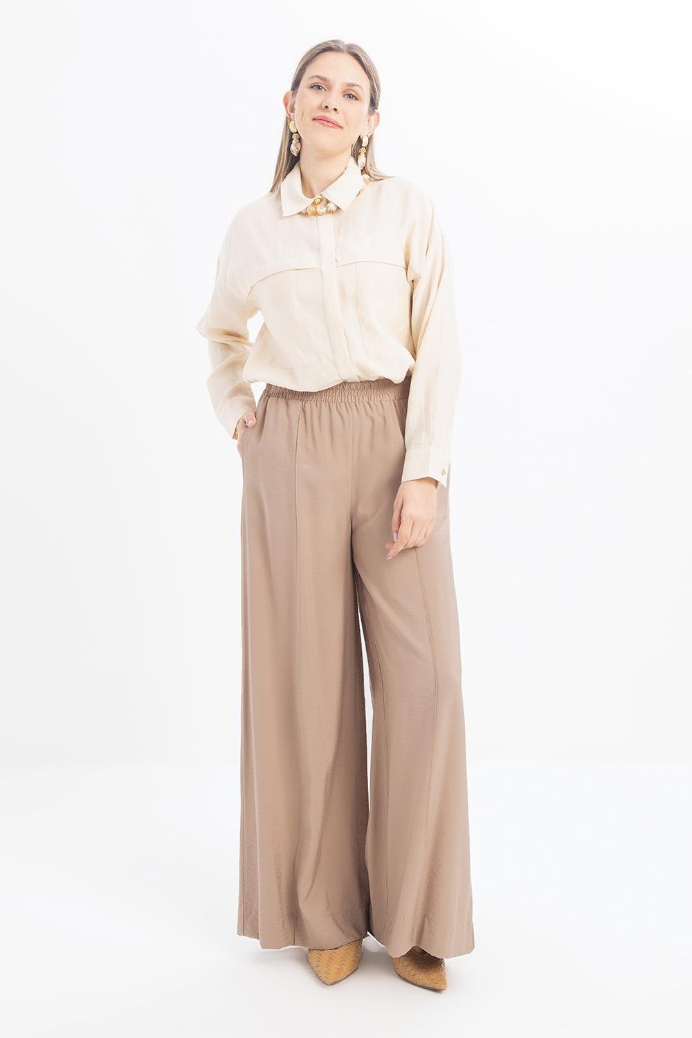 Vizon-Beli Lastikli Geniş Paça Pantolon