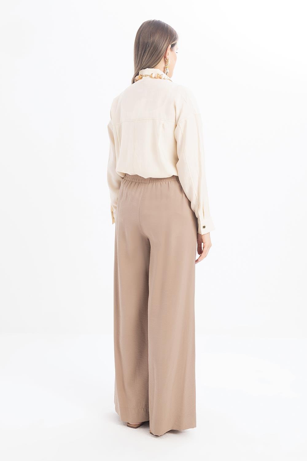 Vizon-Beli Lastikli Geniş Paça Pantolon