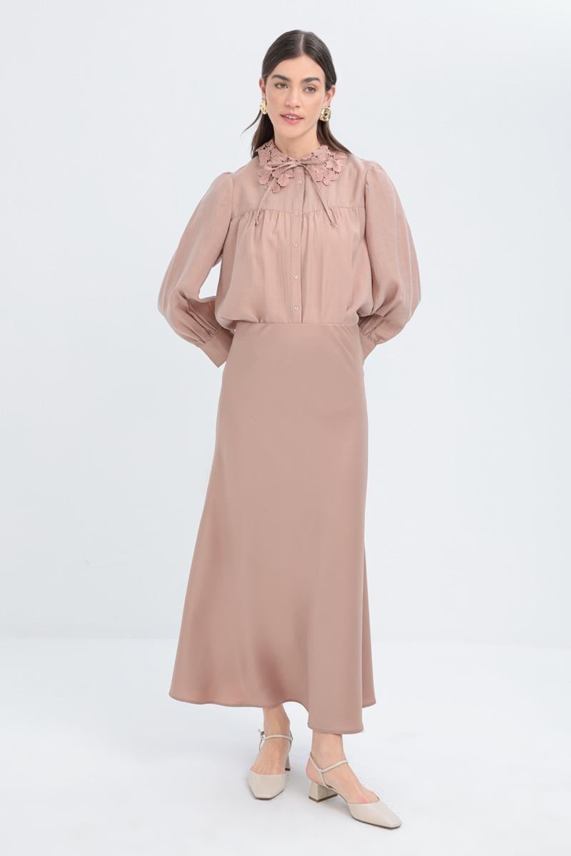 Vizon-Beli Lastikli Saten Etek