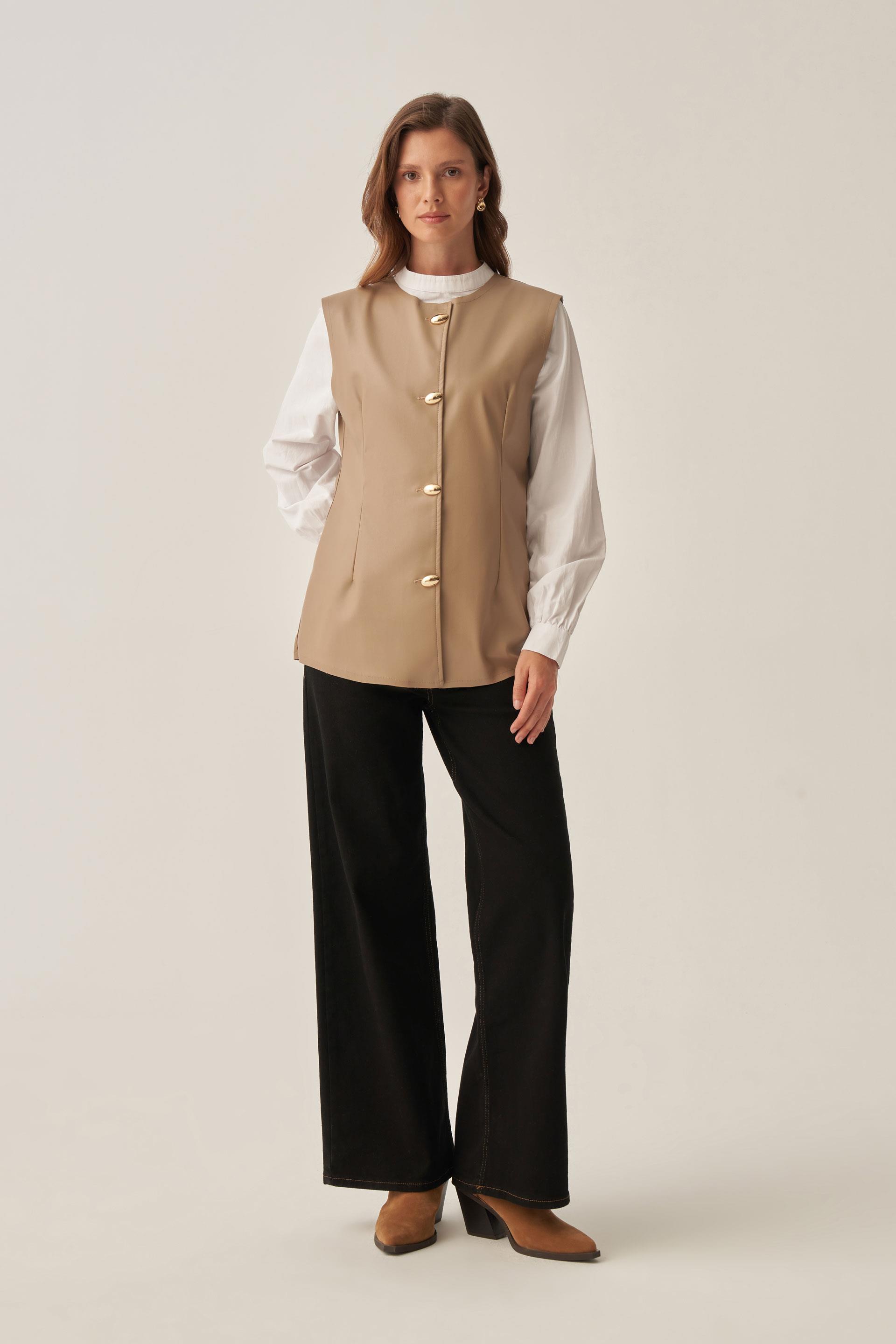 Vizon-Gold Düğmeli Süetli Deri Yelek