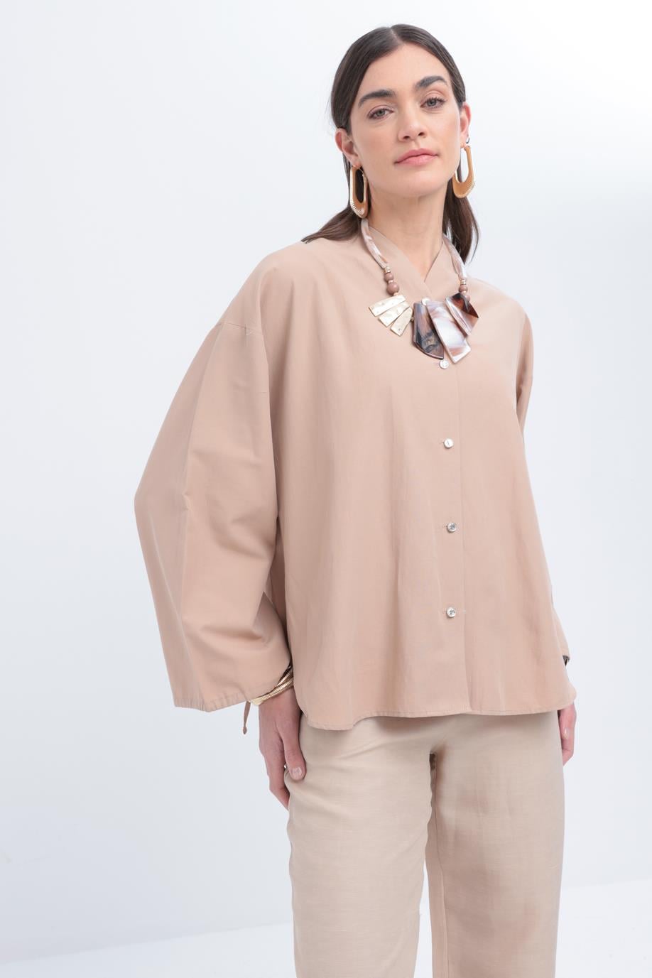 Vizon-Kolları Büzgülü Düğmeli Gömlek