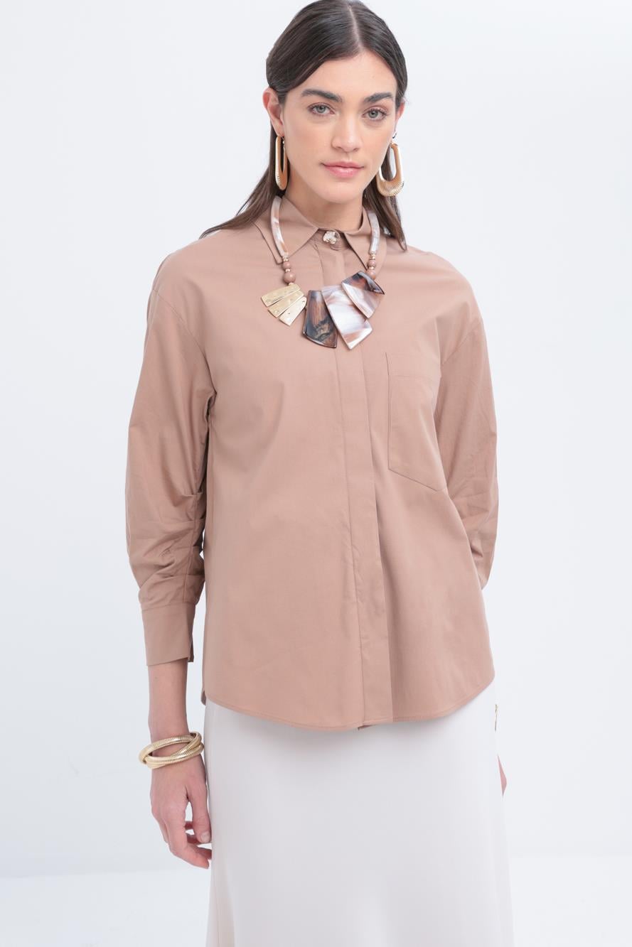 Vizon-Kolu Büzgülü Poplin Gömlek