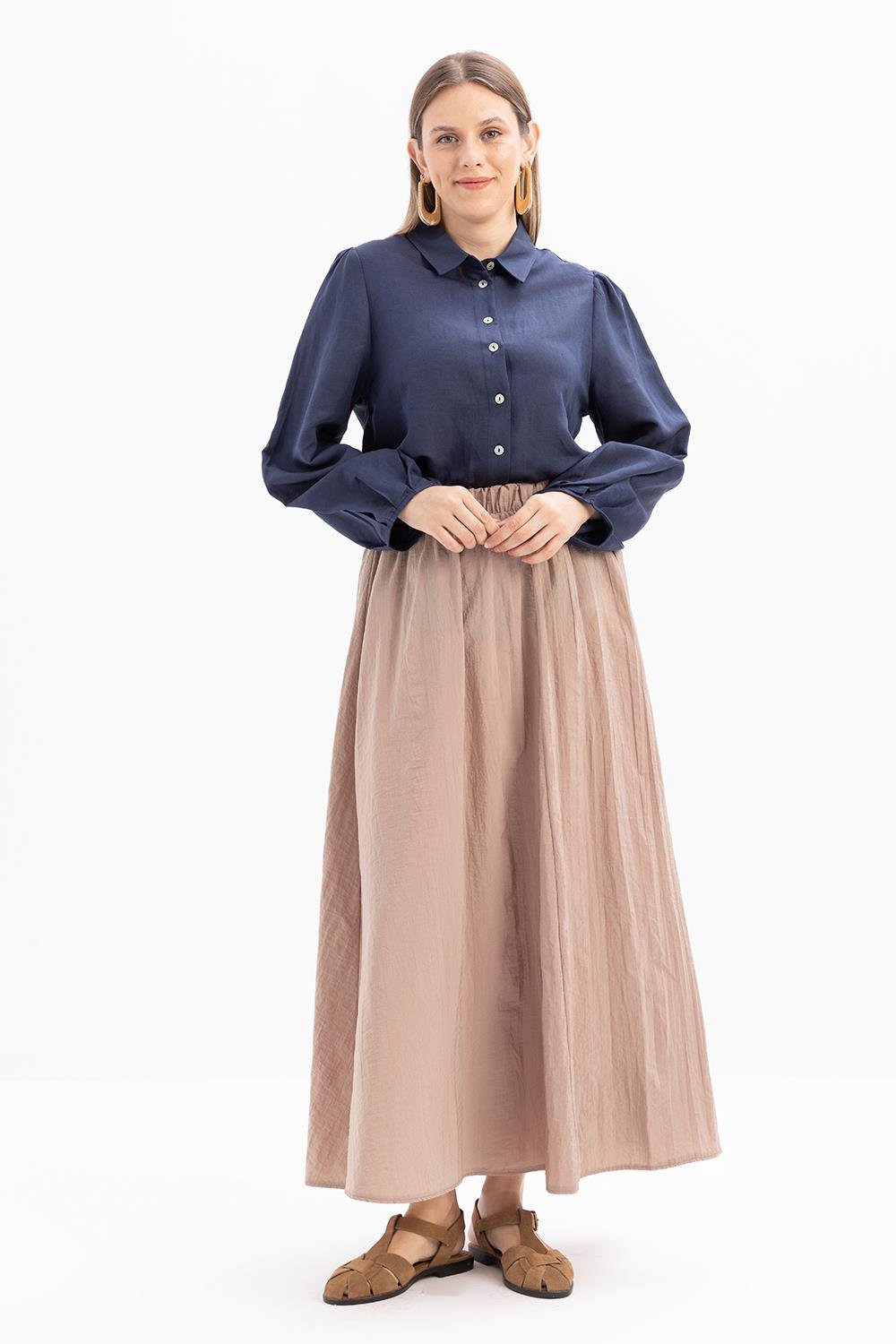 Vizon-Kraşlı Beli Lastikli Kloş Etek