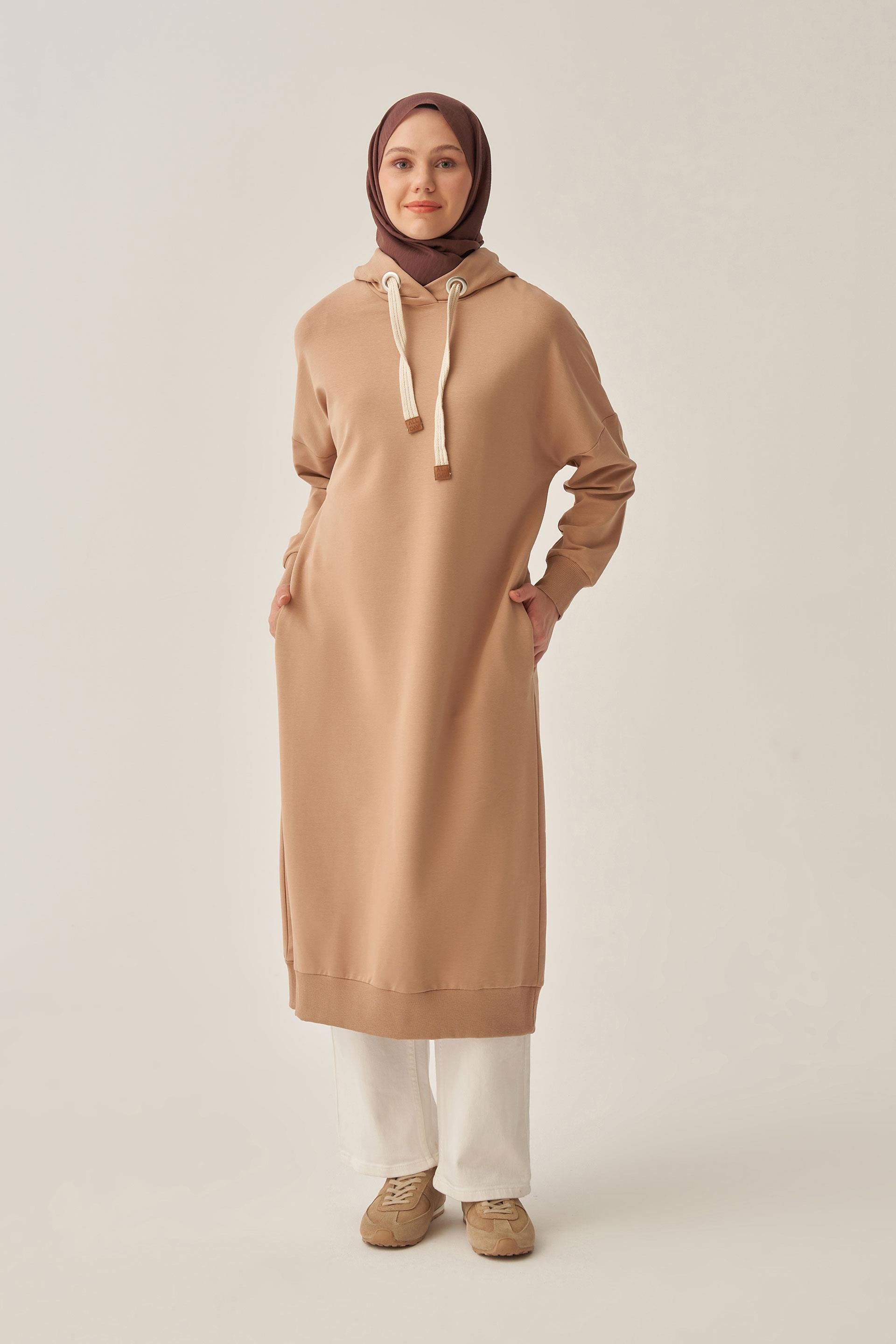 Vizon-Kuşgözlü Kapüşonlu Cepli Likralı Uzun Sweat