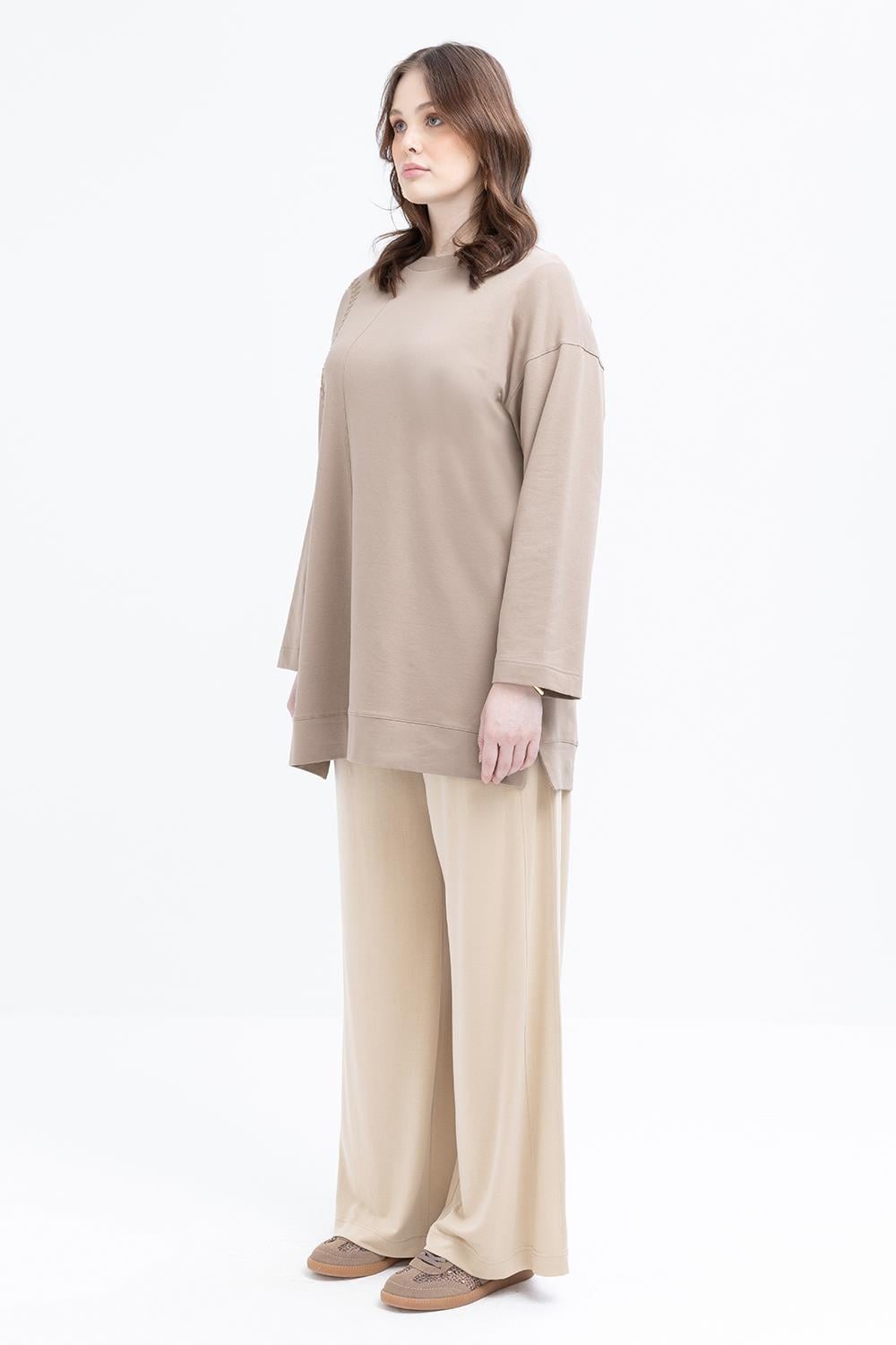 Vizon-Nakışlı Bisiklet Yaka Büyük Beden Tunik