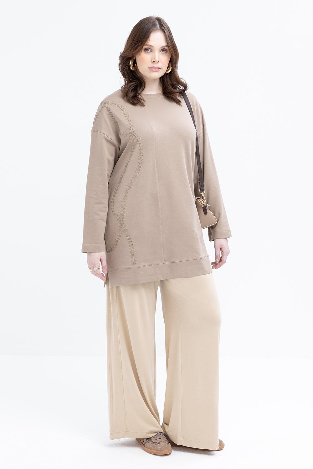 Vizon-Nakışlı Bisiklet Yaka Likralı Büyük Beden Tunik