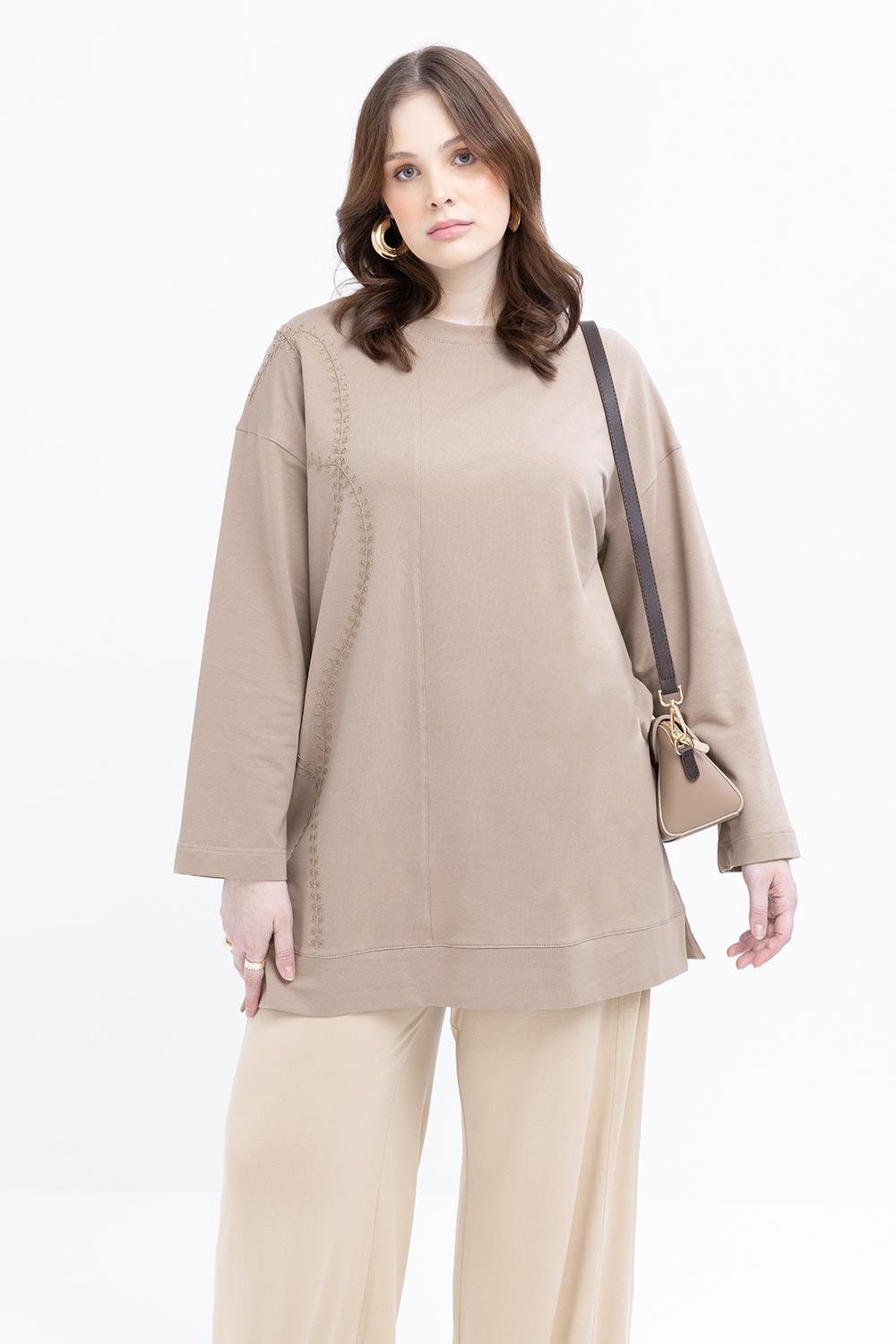 Vizon-Nakışlı Bisiklet Yaka Likralı Büyük Beden Tunik