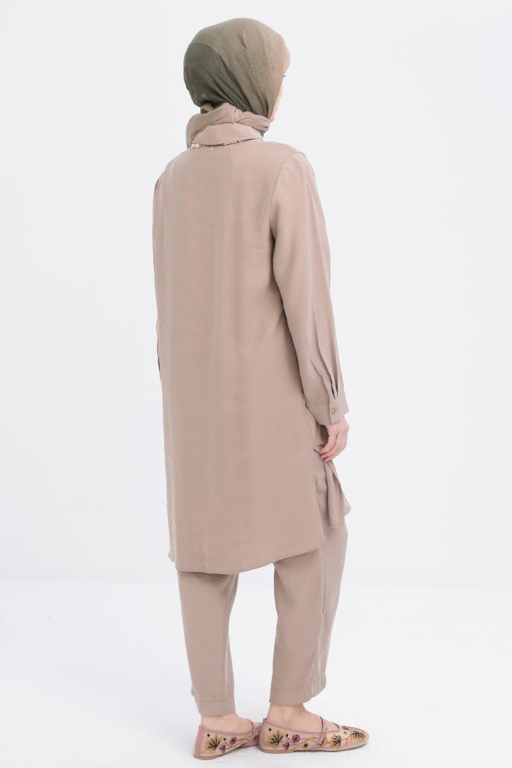 Vizon-Nervürlü Yırtmaçlı Modal Pantolonlu Takım