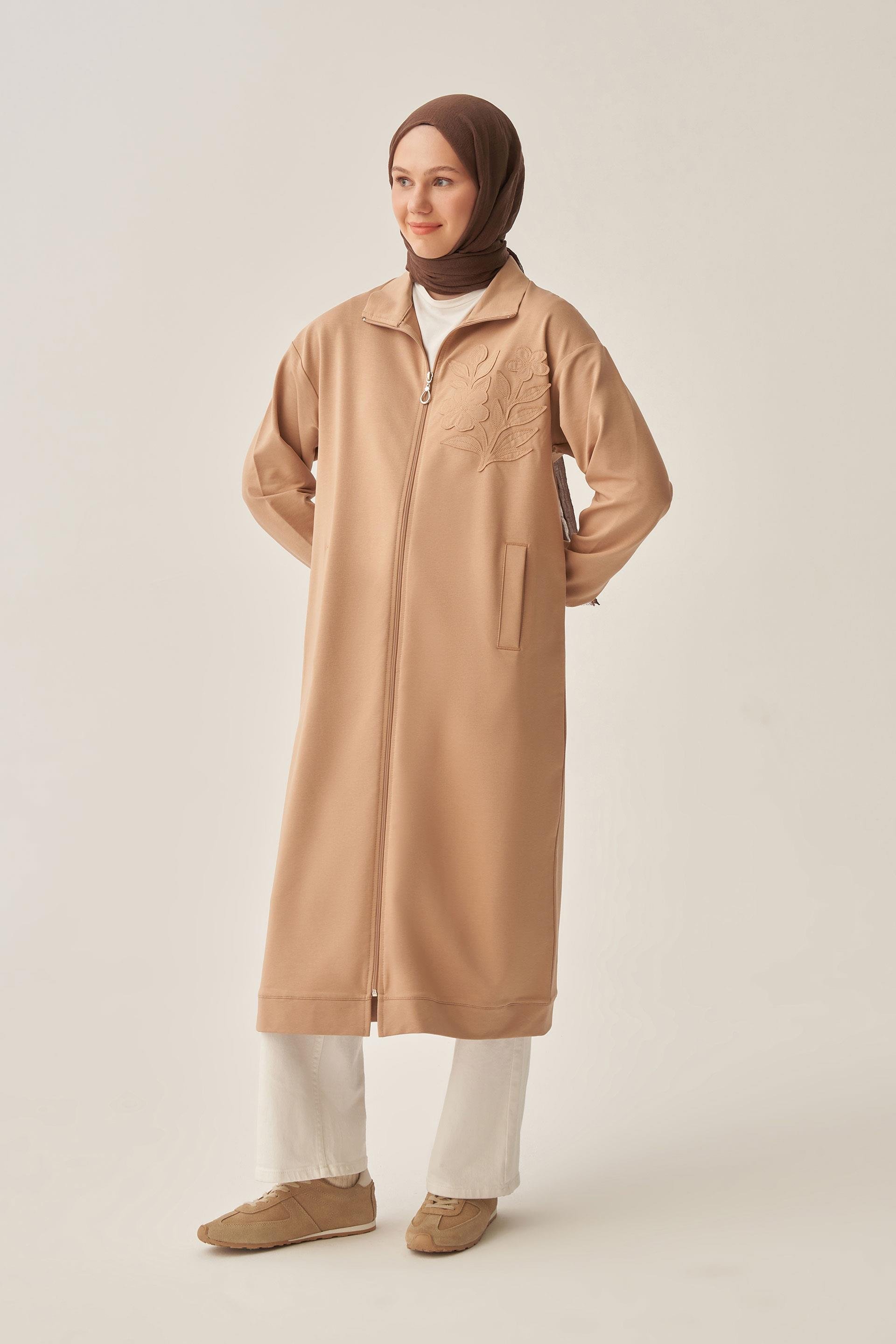 Vizon-Pamuklu Aplike Detaylı Fermuarlı Sweat