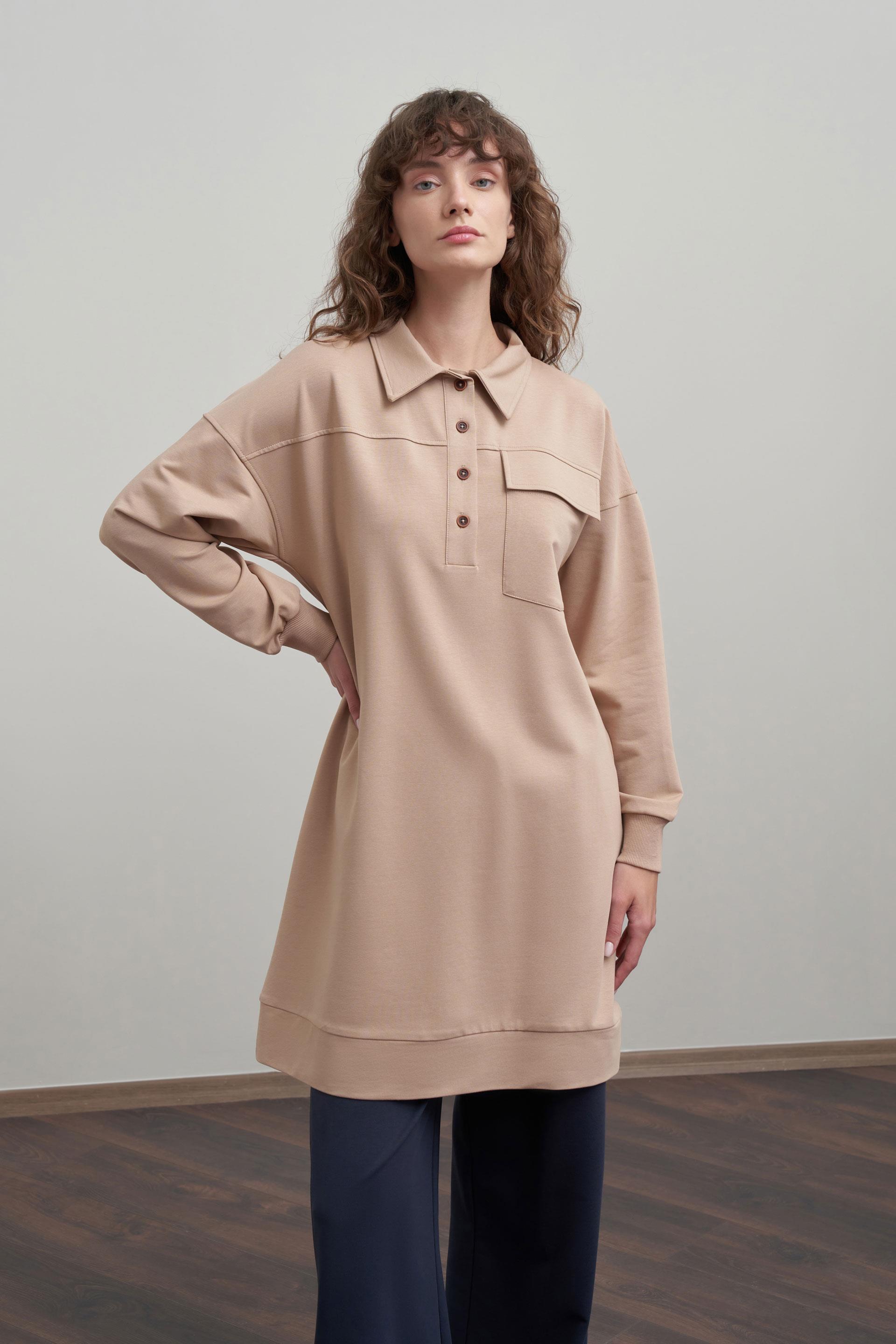 Vizon-Pamuklu Cep Detaylı Tunik