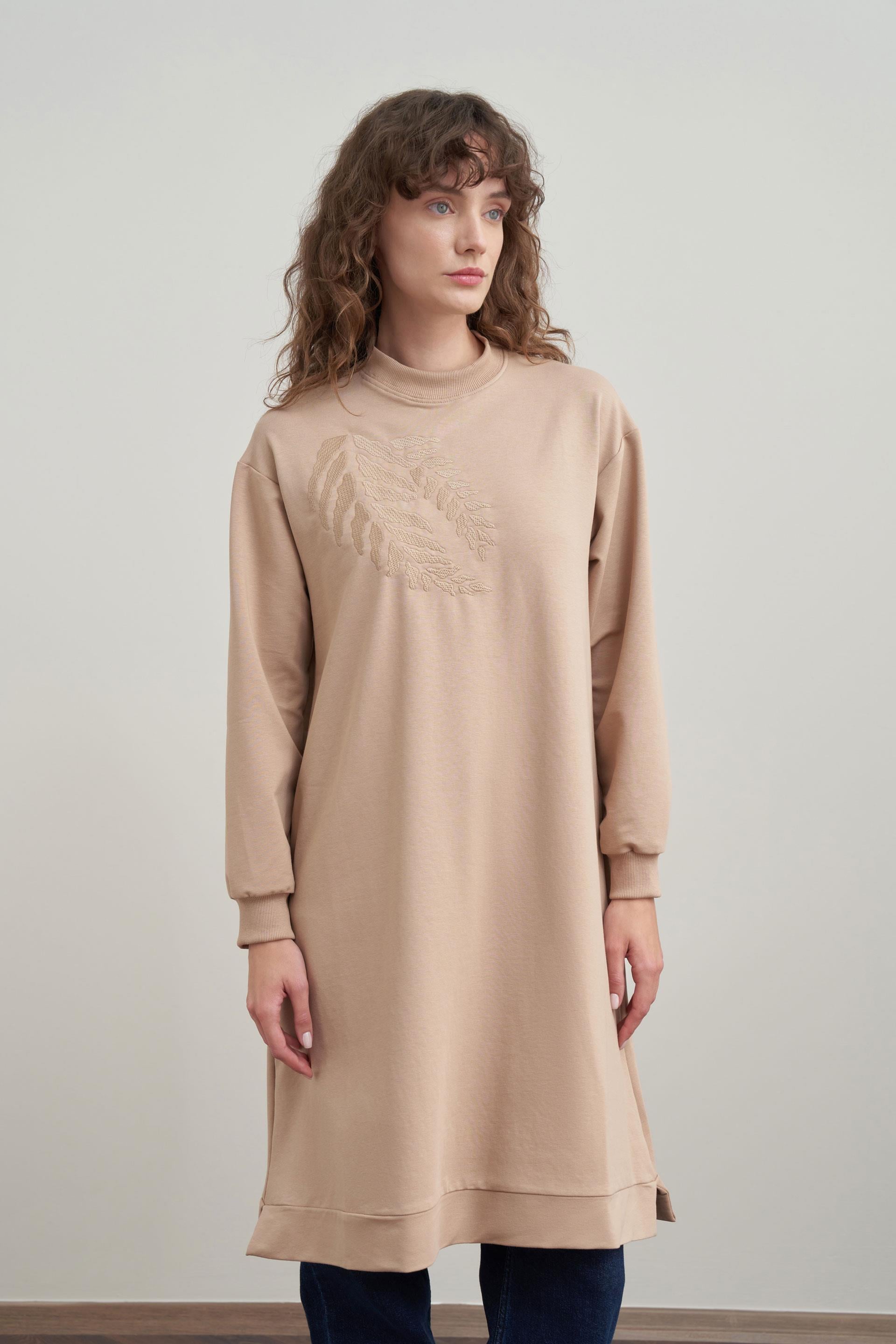 Vizon-Pamuklu Nakışlı Uzun Tunik