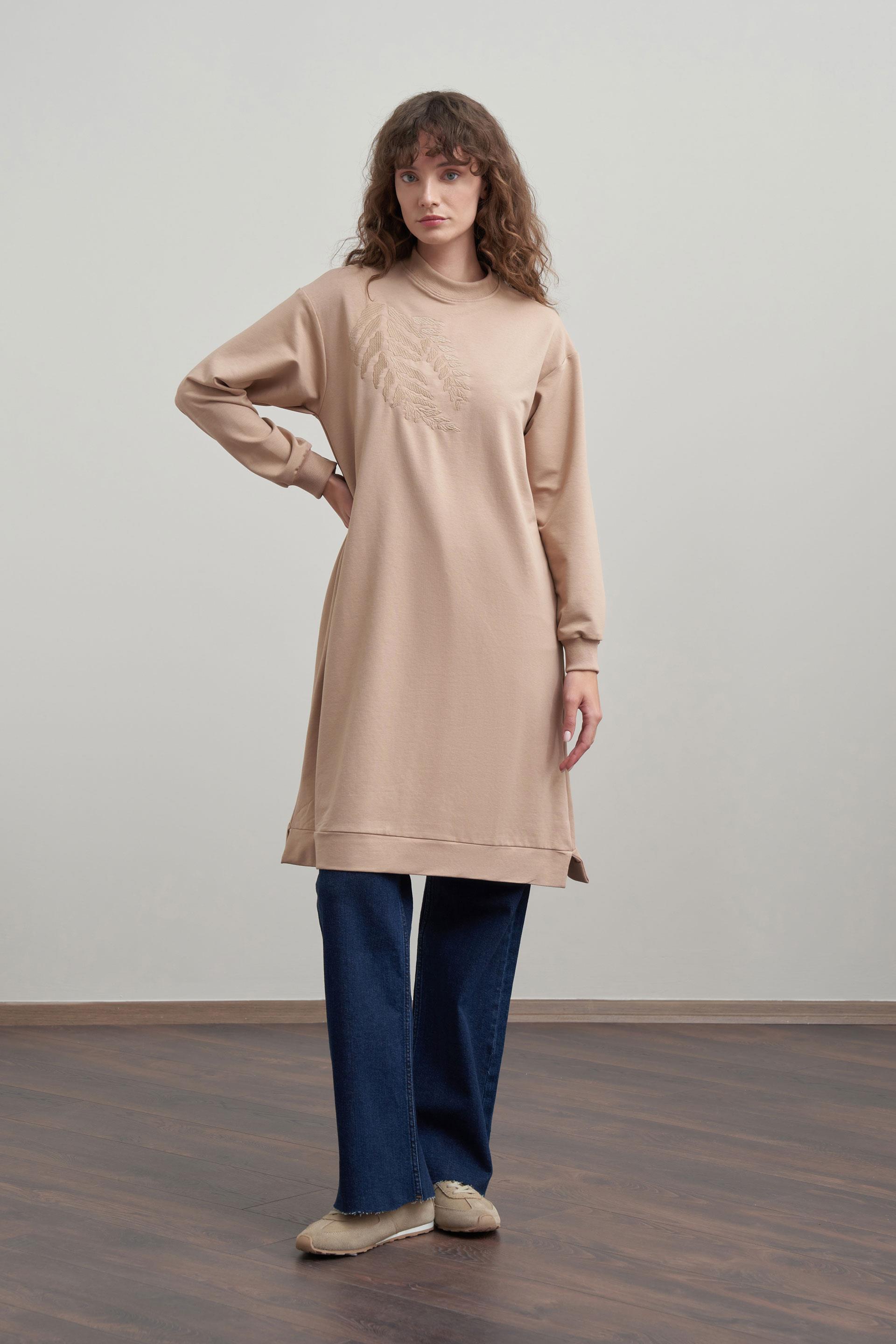 Vizon-Pamuklu Nakışlı Uzun Tunik