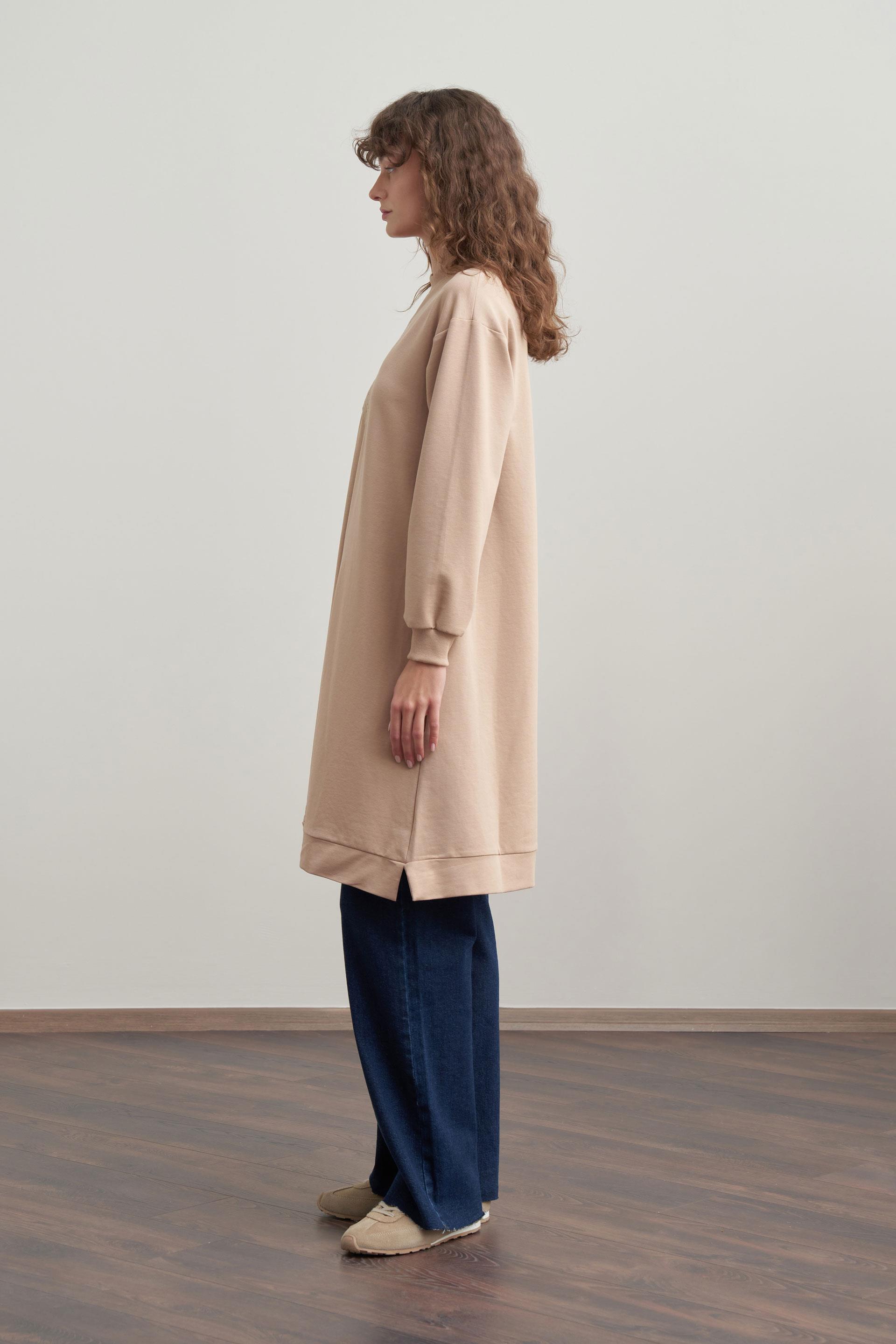 Vizon-Pamuklu Nakışlı Uzun Tunik