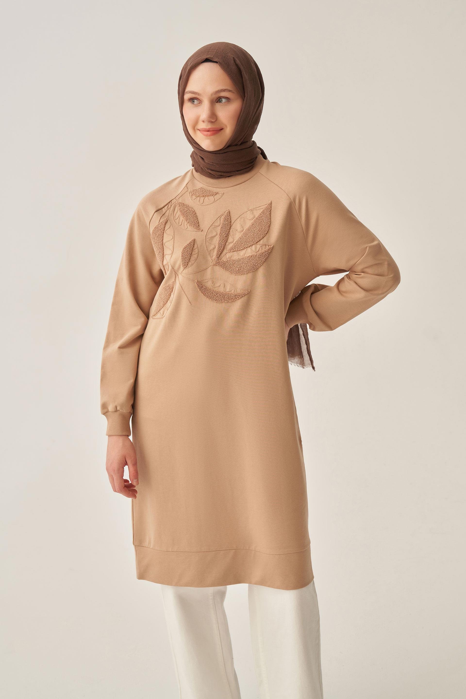 Vizon-Pamuklu Yaprak Desenli Tunik