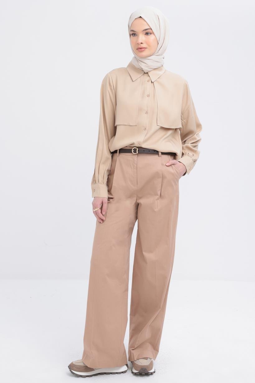 Vizon-Pileli Geniş Paça Pantolon