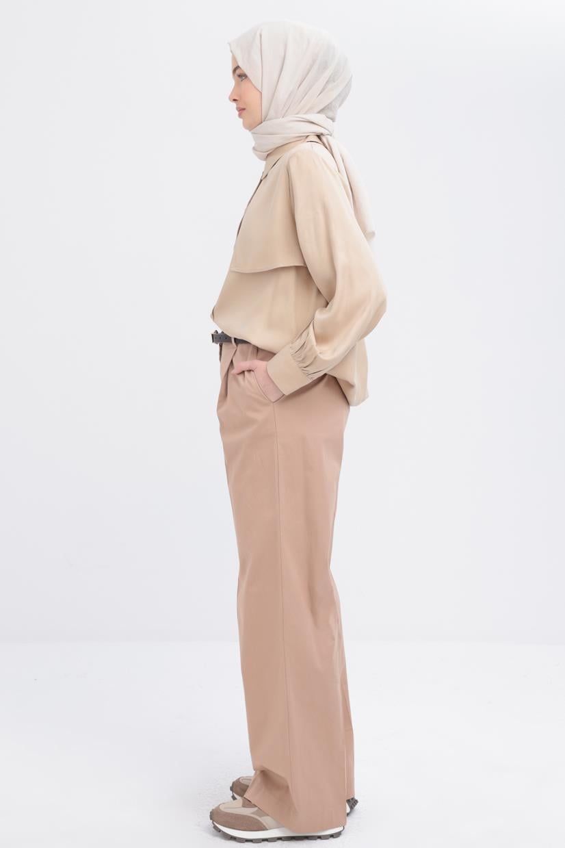 Vizon-Pileli Geniş Paça Pantolon