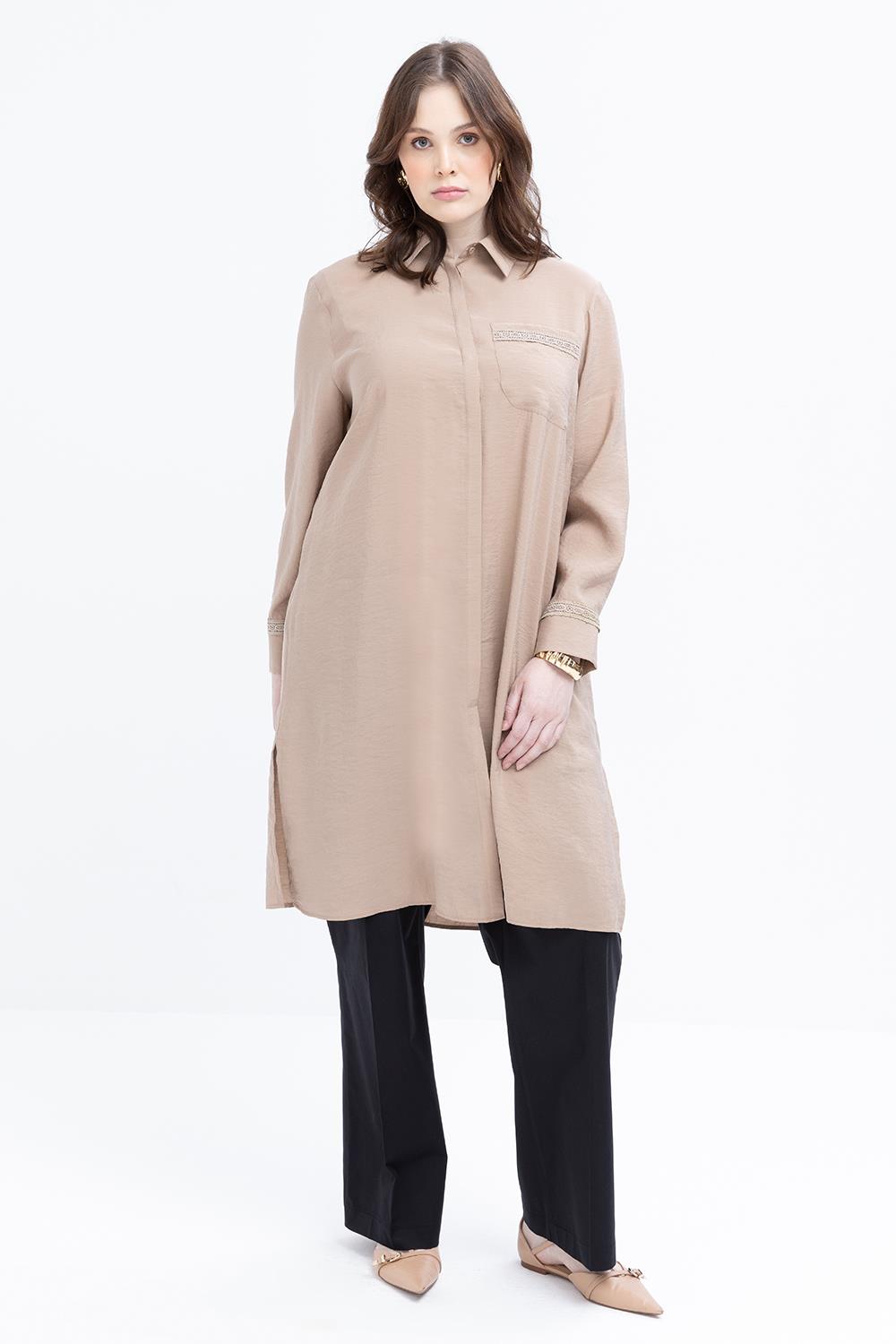 Vizon-Şerit Dantel Detaylı Modal Gömlek Tunik