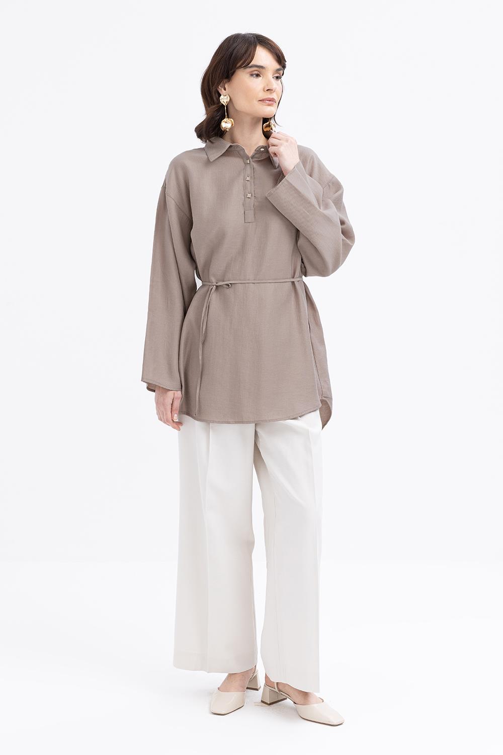 Vizon-Yarım Patlı Beli Bağcıklı Tunik