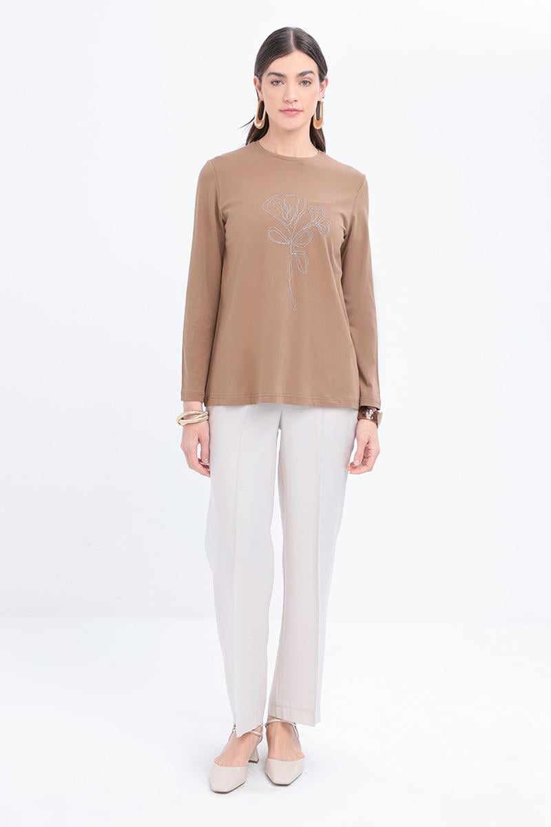 Vizon-Zincir Nakışlı Uzun Kollu T-shirt