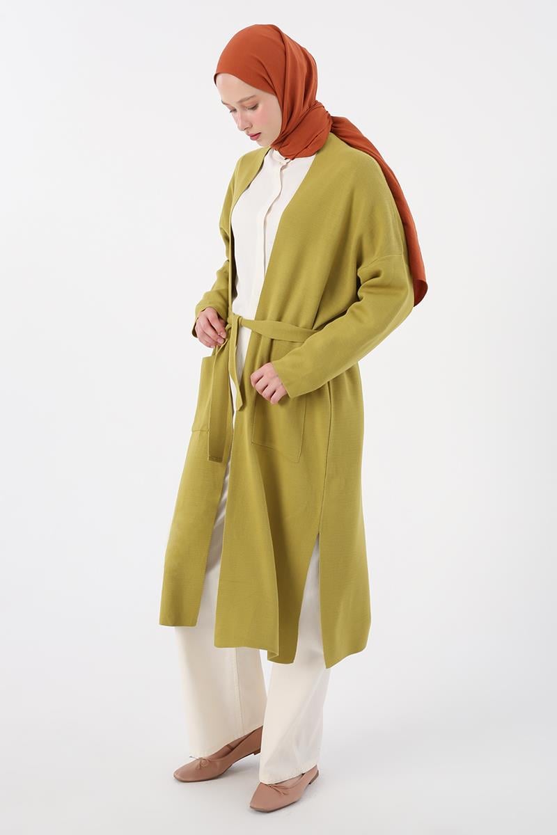 Belted Sweater Cardigan with Side Slits and Pockets