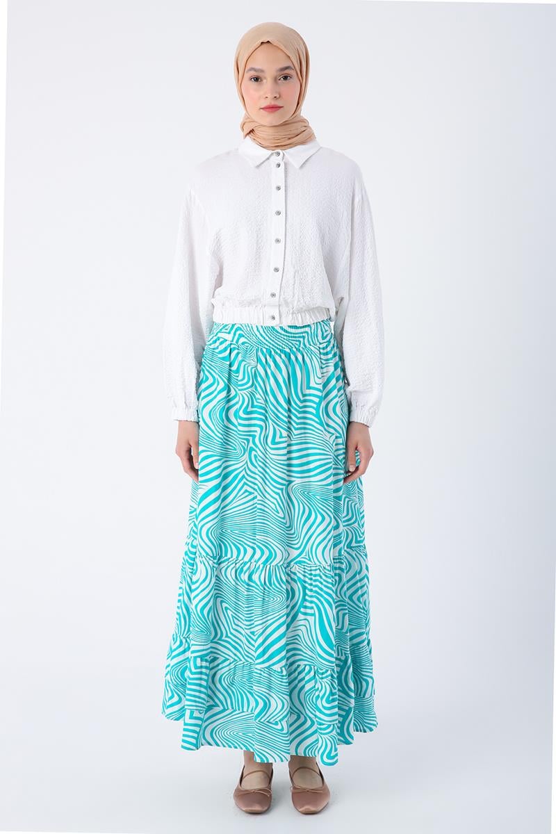 Yeşil-Beyaz-%100 Pamuk Desenli Beli Lastikli Fırfır Detaylı Etek