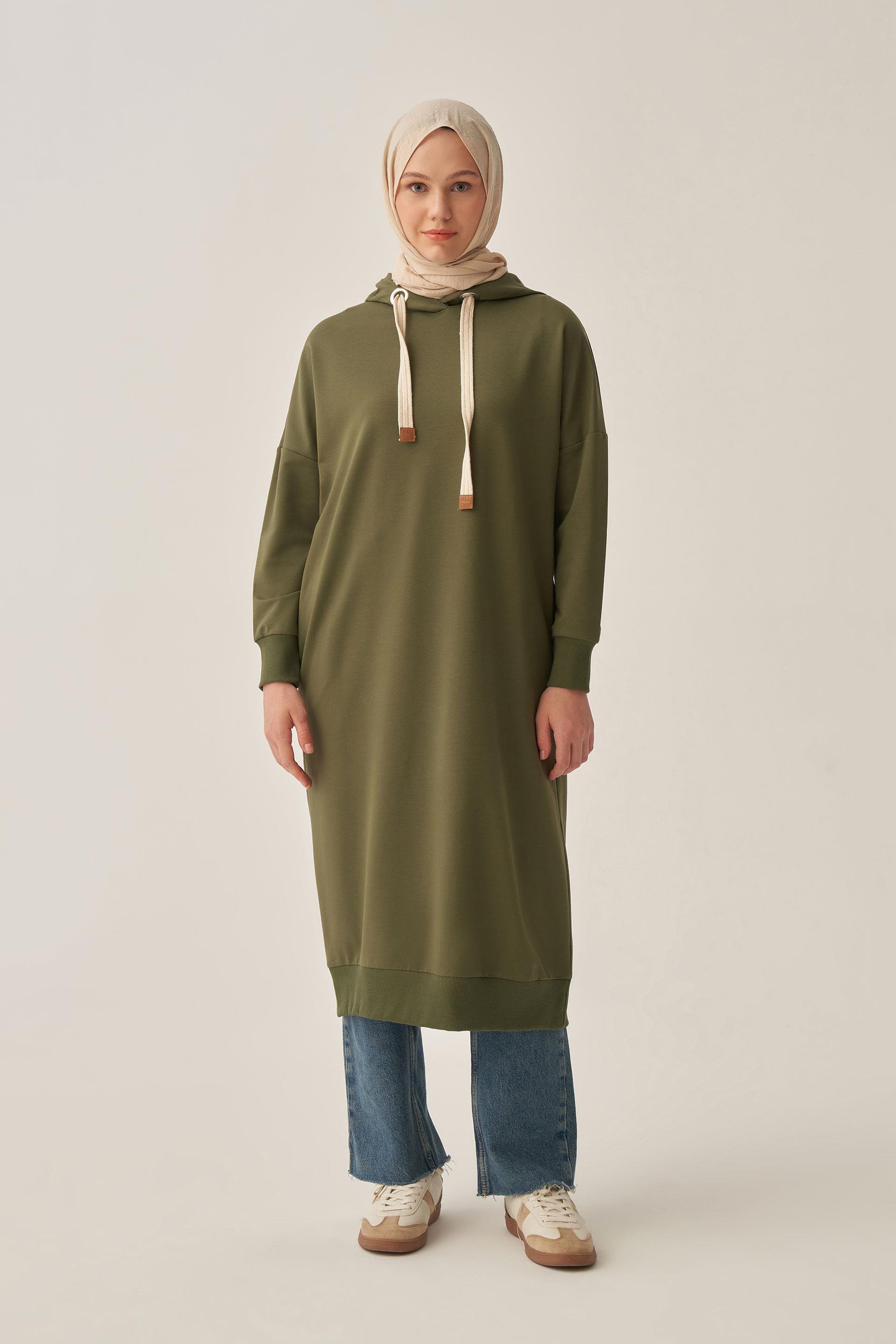 Yeşil-Kuşgözlü Kapüşonlu Cepli Likralı Uzun Sweat