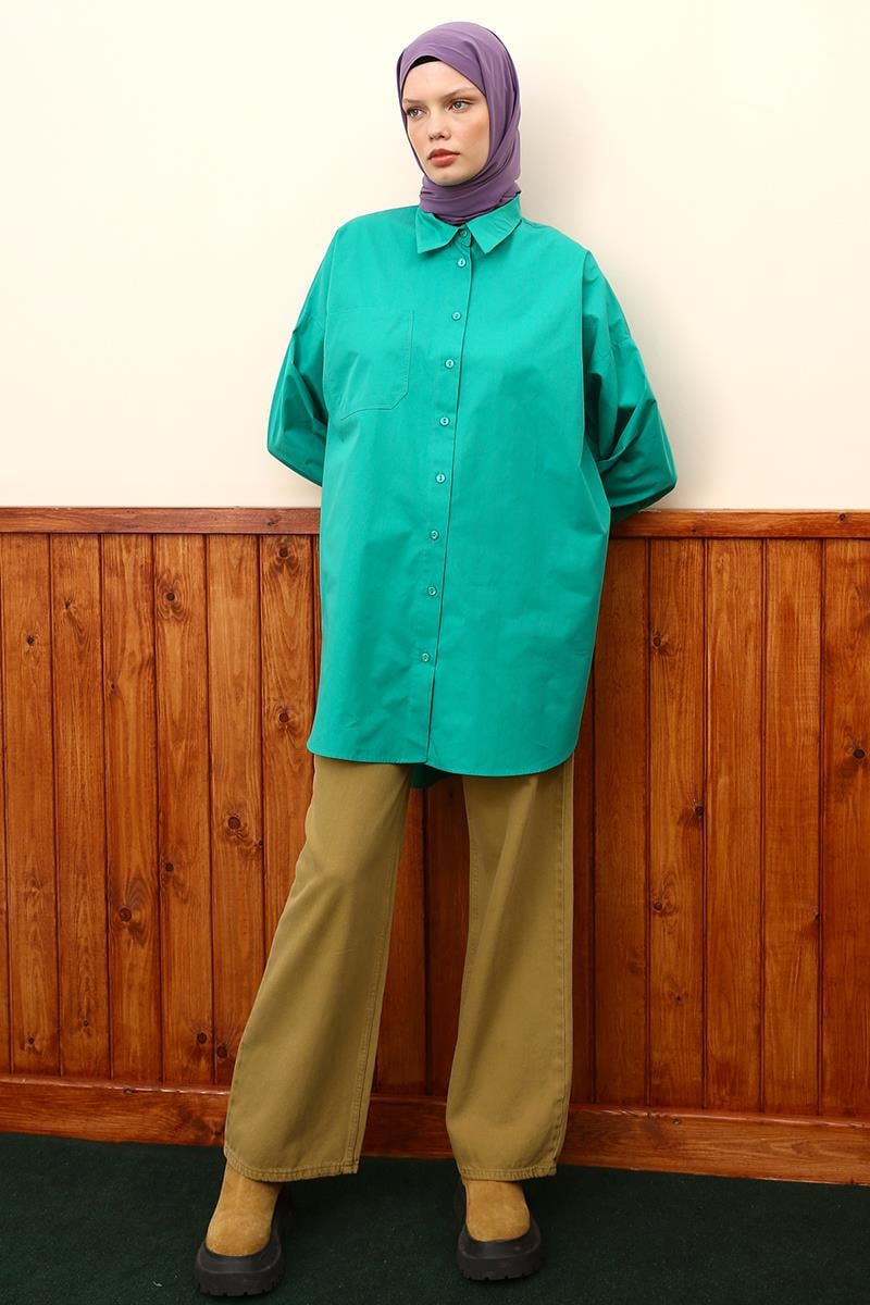 %100 Pamuk Oversize Cepli Gömlek Tunik