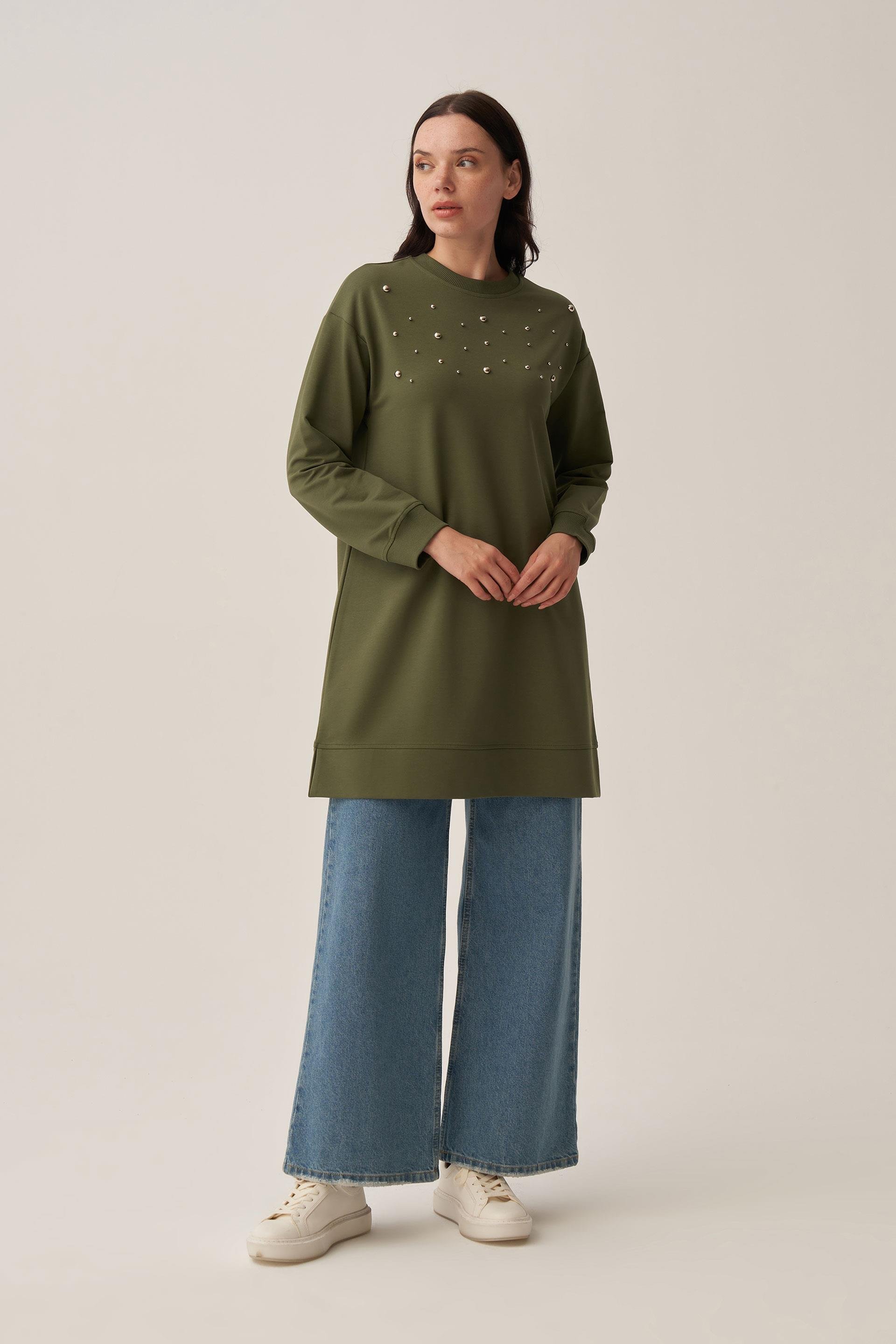 Yeşil-Pamuklu Droplu Sweat