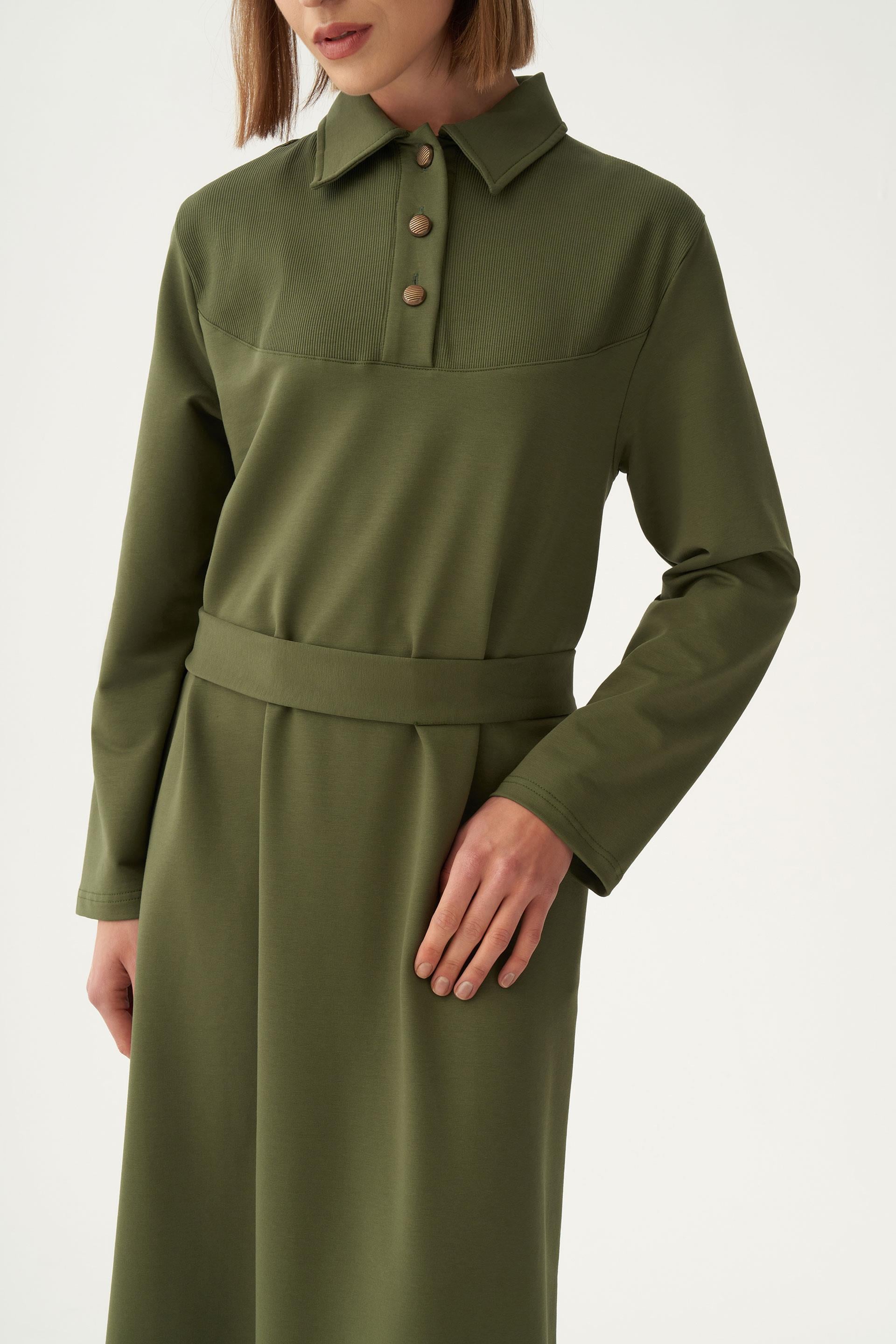 Yeşil-Pamuklu Gömlek Yaka Apoletli Elbise