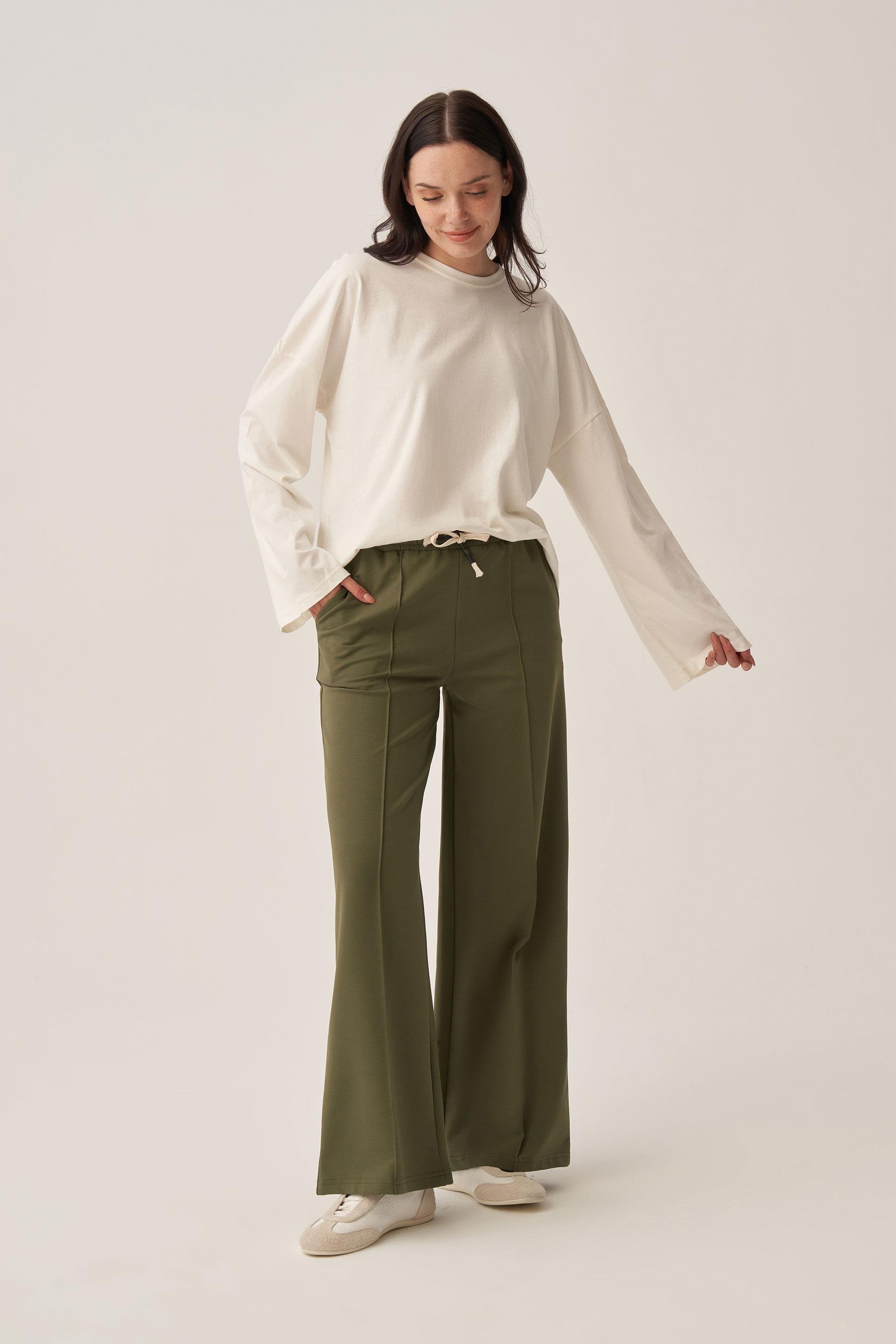 Yeşil-Pamuklu Nervürlü Eşofman Altı