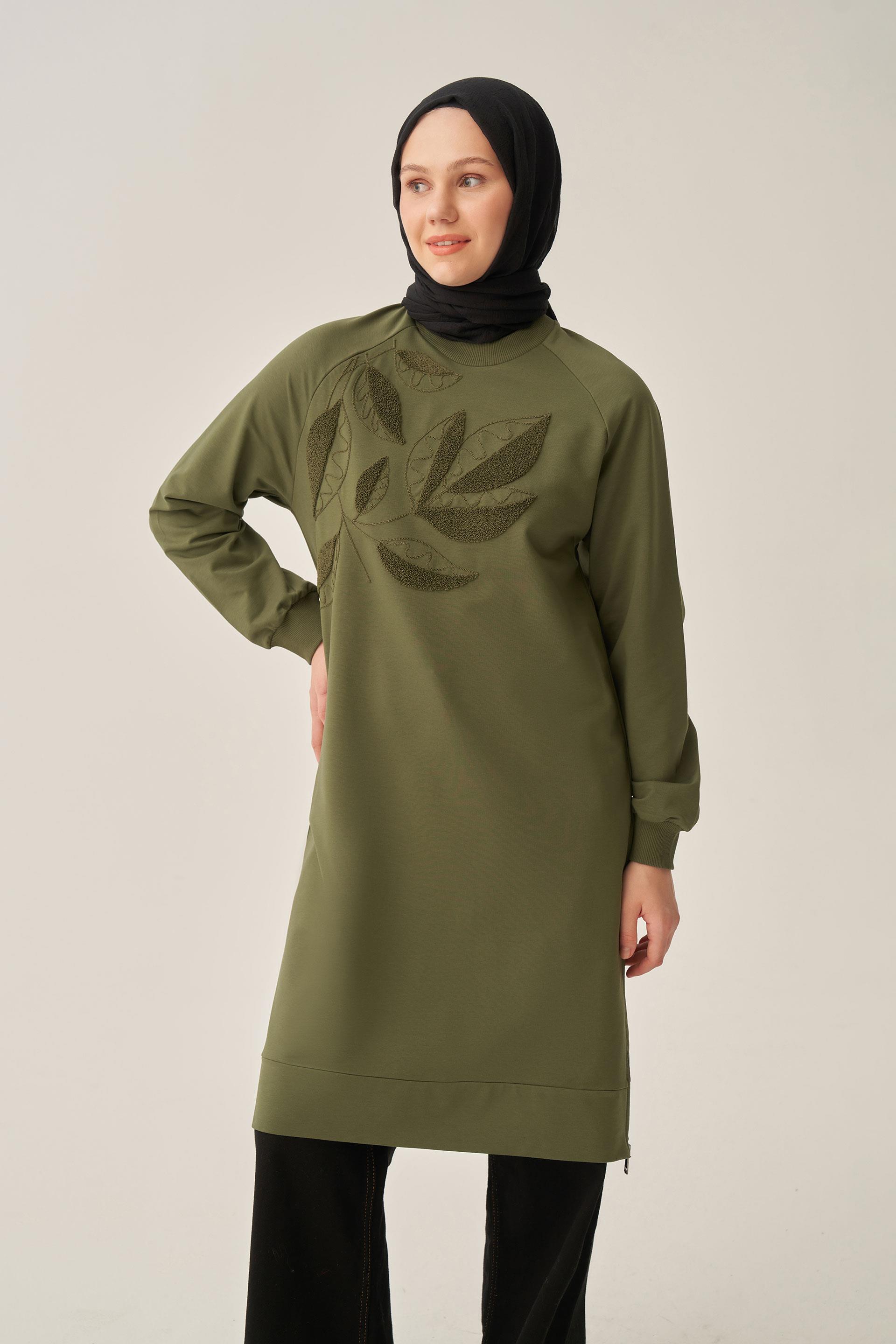 Yeşil-Pamuklu Yaprak Desenli Tunik