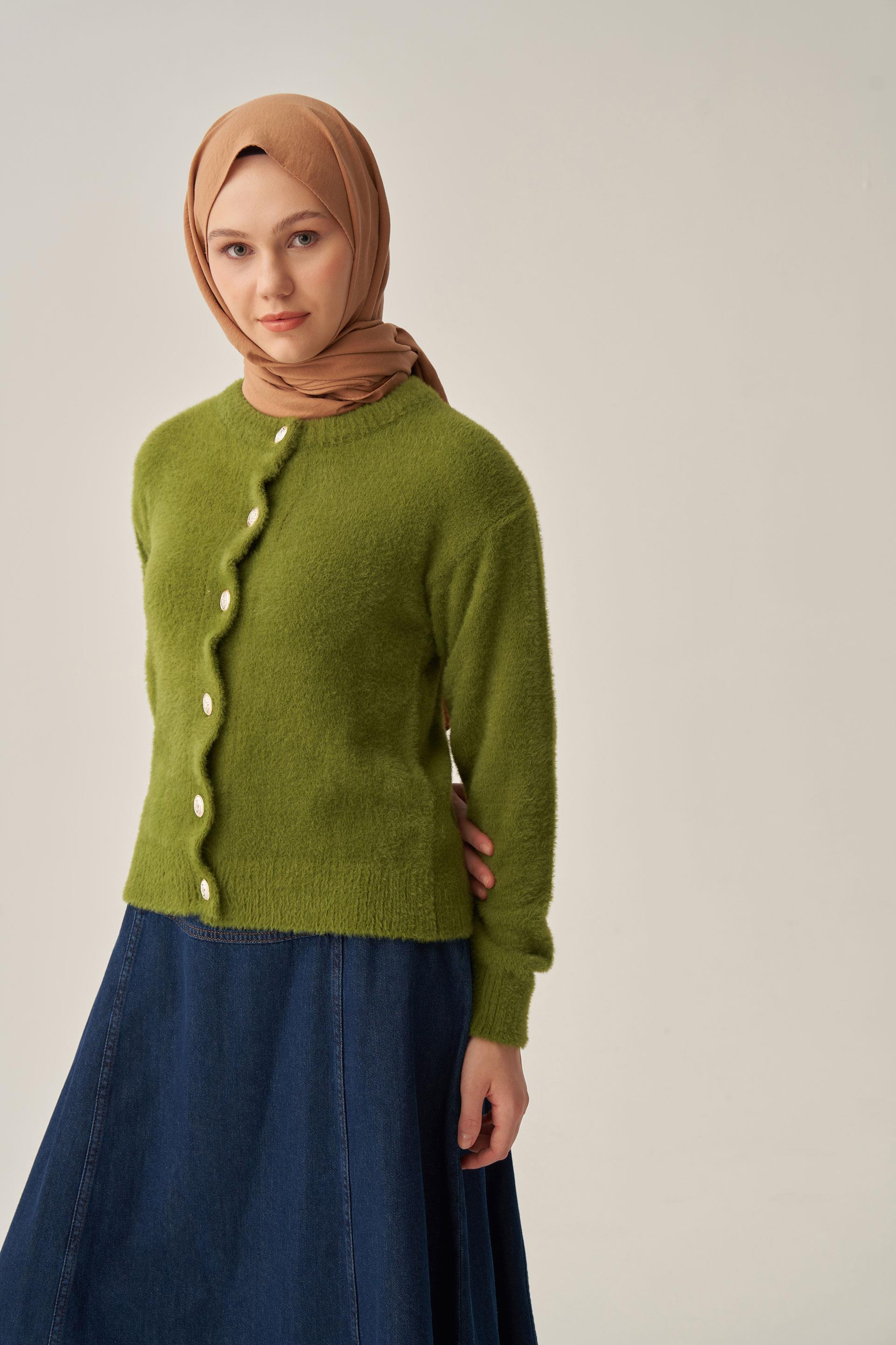 Yeşil-Yumuşak Dokulu Dügmeli Hırka