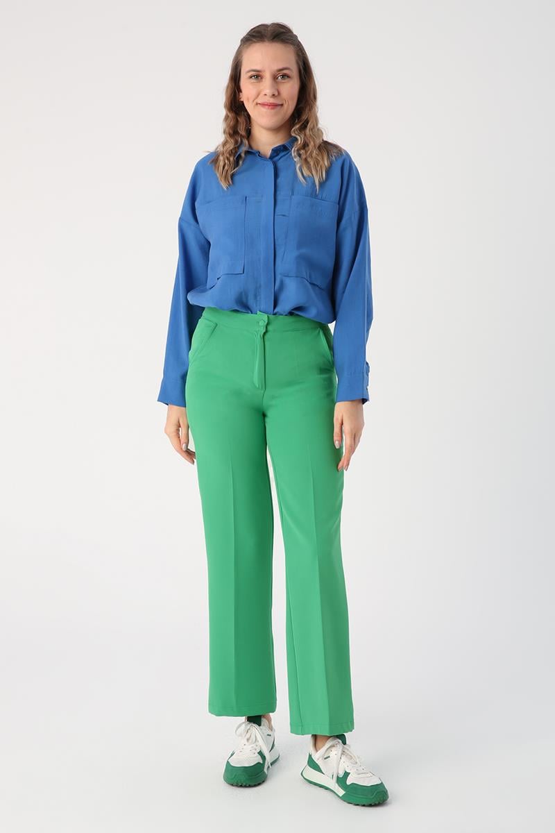 Yeşil01-Cepli Bol Paça Pantolon