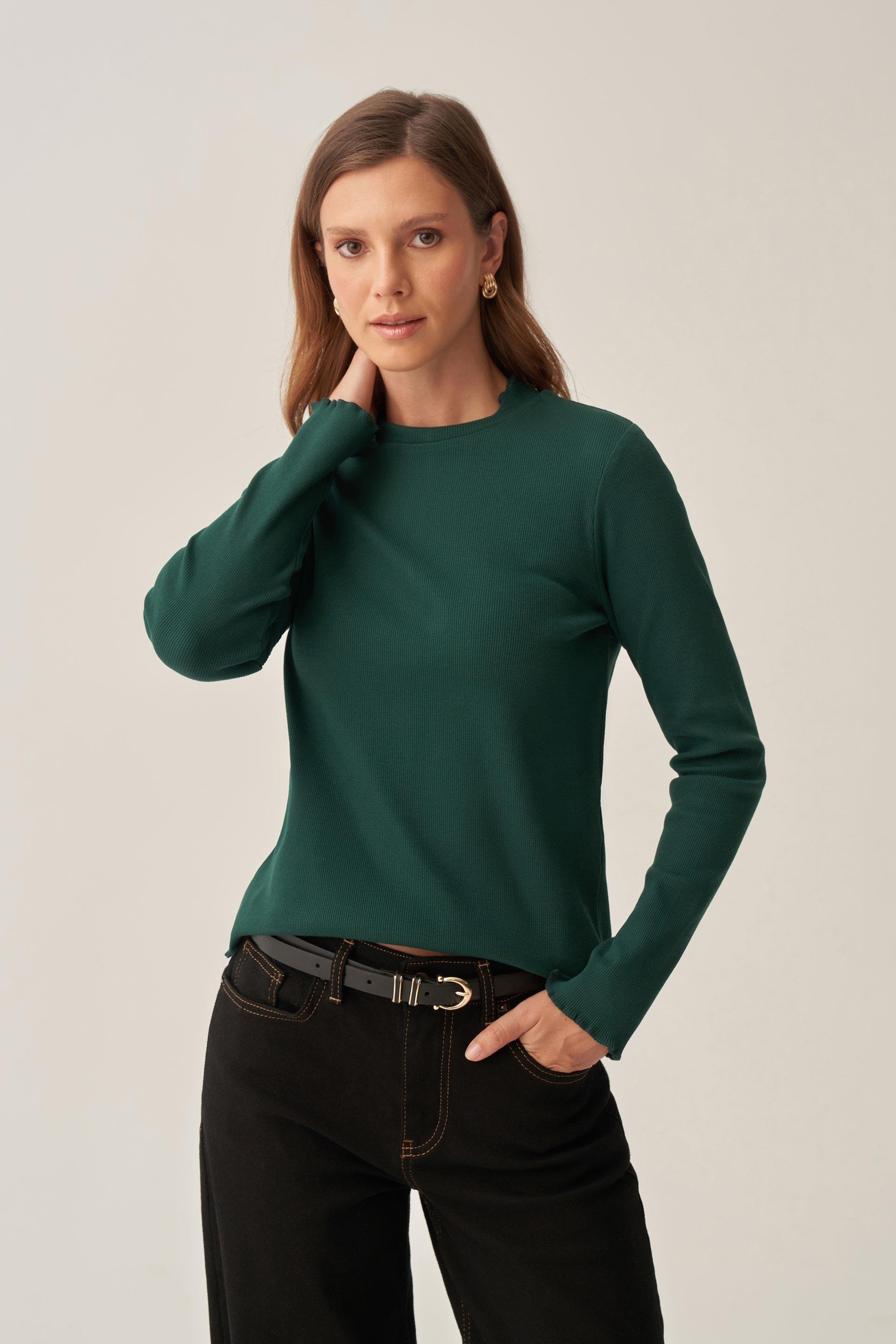 Zümrüt-Dik Yaka Uzun Kollu Body