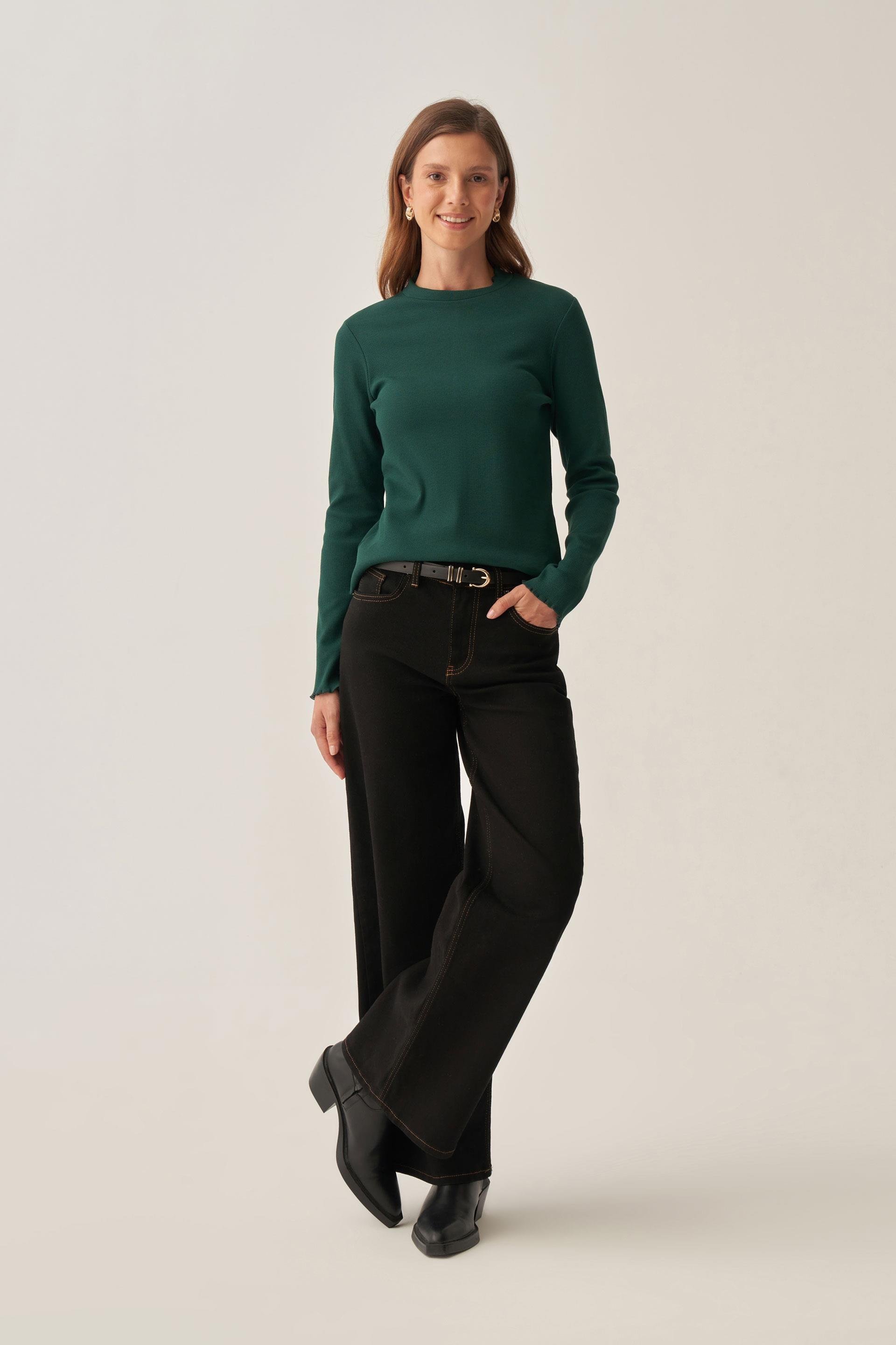 Zümrüt-Dik Yaka Uzun Kollu Body