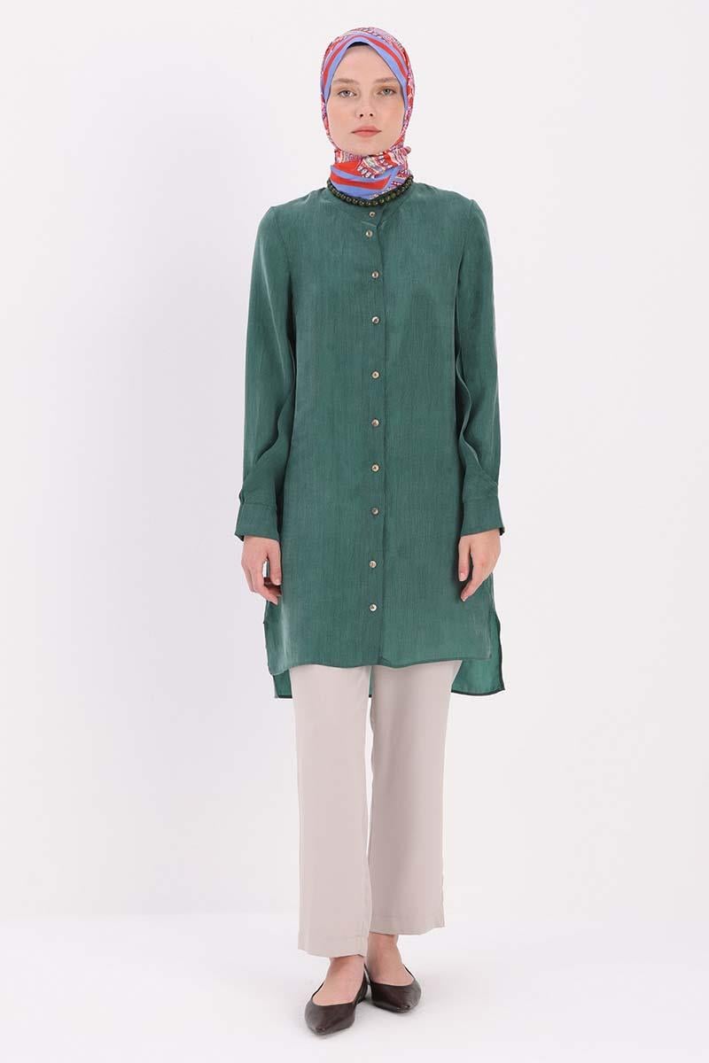 Dik Yakalı Kolu Pileli  Gömlek Tunik