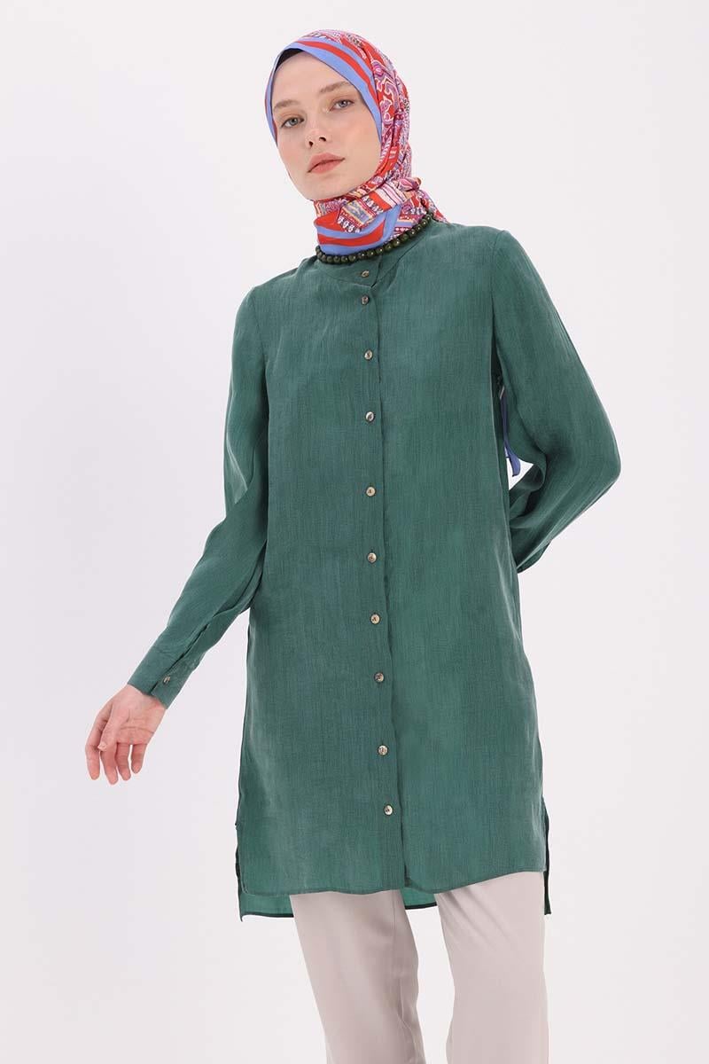 Dik Yakalı Kolu Pileli  Gömlek Tunik