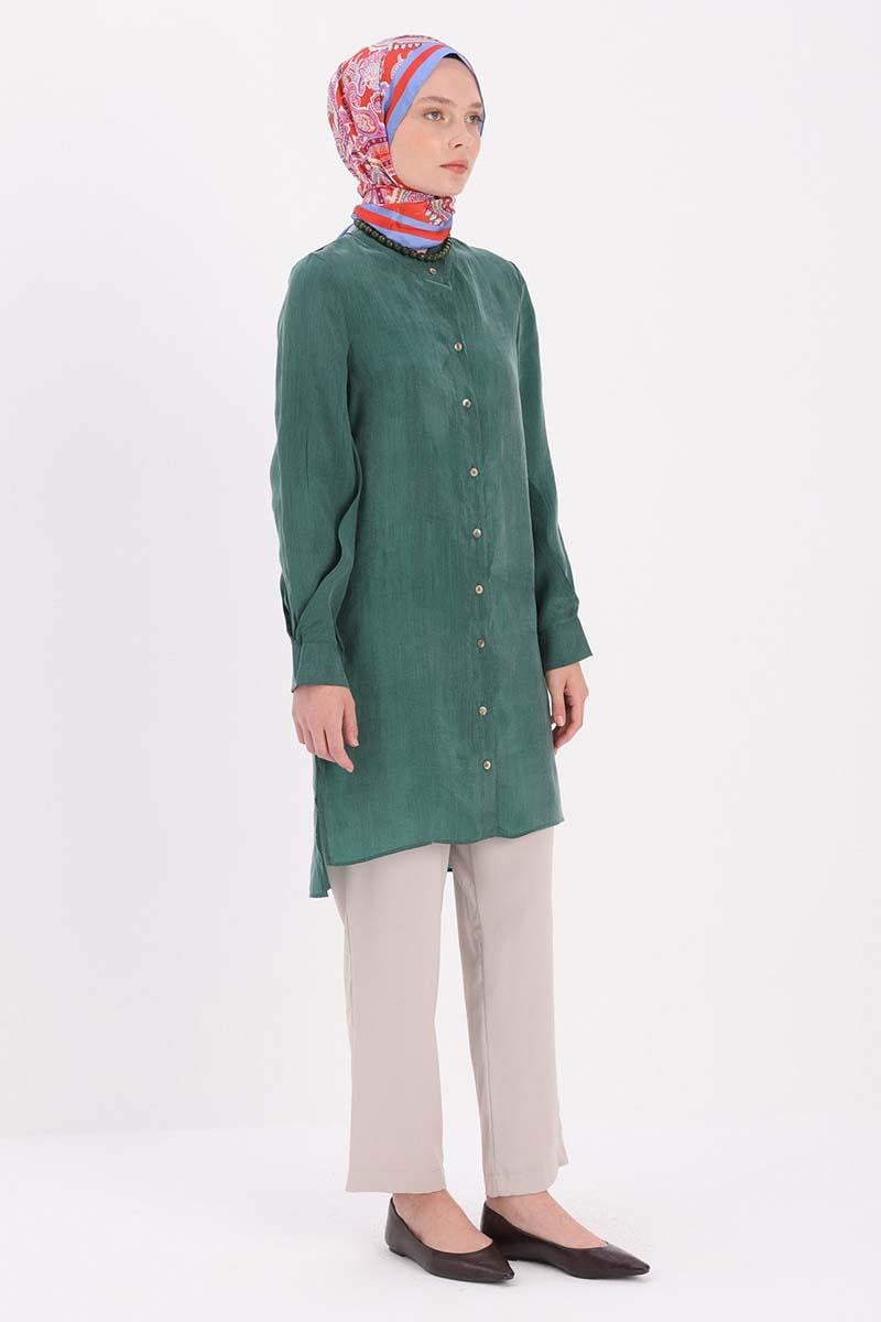 Dik Yakalı Kolu Pileli  Gömlek Tunik